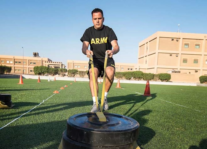  Cadet performing a sprint-drag-carry exercise for the Army Combat Fitness Test