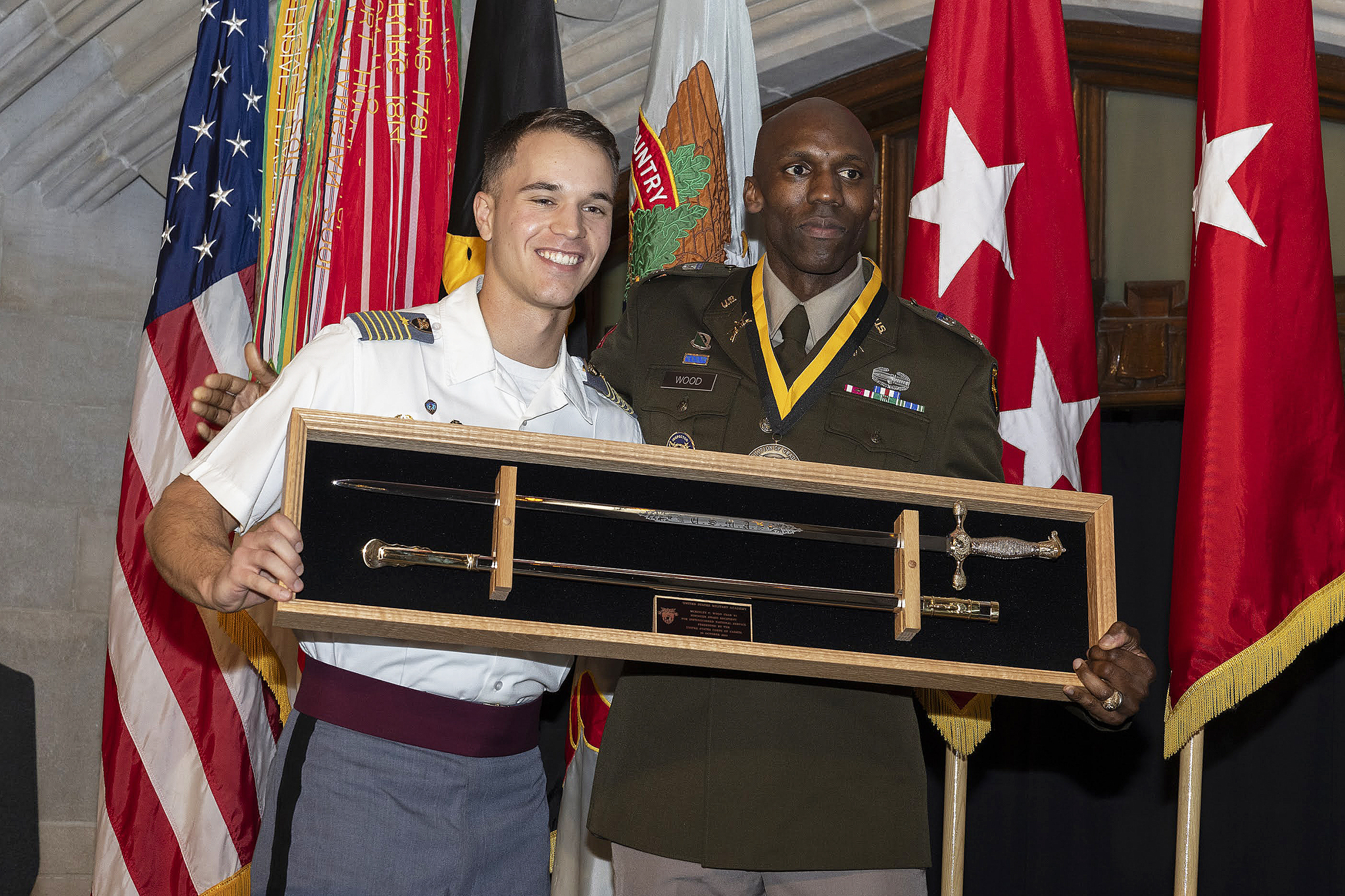 The U.S. Military Academy and the West Point Association of Graduates hosted the 18th annual Alexander R. Nininger Award for Valor at Arms Oct. 26 at the Cadet Mess Hall.  WPAOG recognized Lt. Col. McKinley C. Wood, 2001 USMA graduate, for his personal bravery and leadership, regarding him as a representative of all West Point-commissioned officers who have heroically led Soldiers in combat.  The Nininger Award is named in honor of 2nd Lt. Nininger, USMA 1941 graduate, who was posthumously awarded the Medal