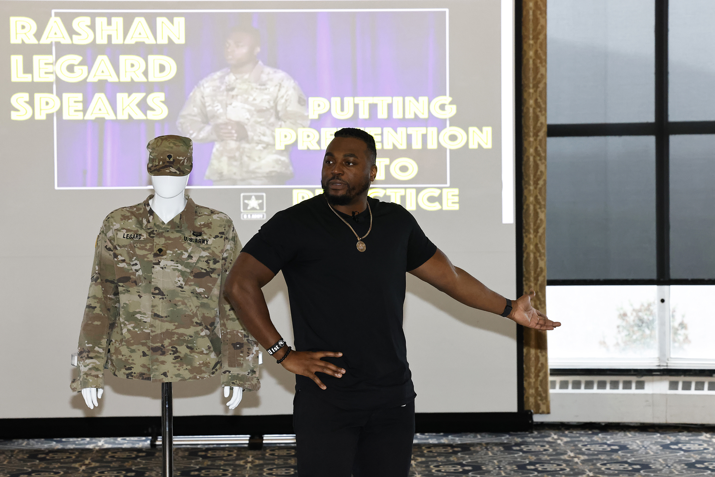 The U.S. Military Academy Sexual Harassment/Assault Prevention (SHARP) program hosted the kickoff event of Sexual Assault Awareness and Prevention Month (SAAPM) featuring spoken word poet, Rashan Legard, on April 2 at Eisenhower Hall Theatre. Legard also spoke to the West Point community during a SAAPM luncheon on April 3 at the West Point Club.  (Photo by Eric S. Bartelt/USMA PAO)