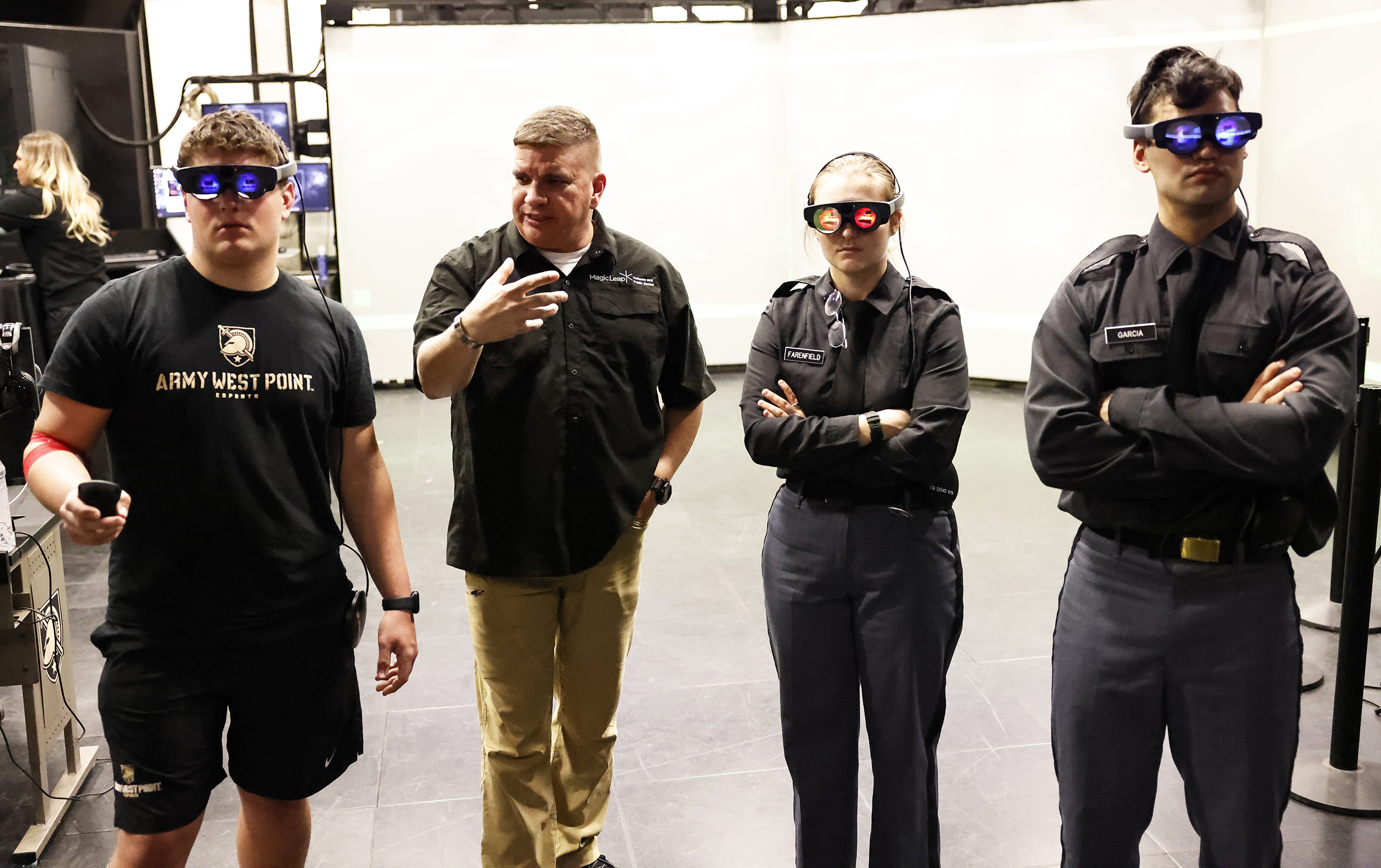 In experiencing Augmented Reality (AR), cadets and U.S. Military Academy staff took part in a technology demonstration with Magic Leap and EolianVR on Feb. 6 at the West Point Simulation Center. As the technology grows, cadets gain experience on potential applications of AR technology for training and education. Examples of AR software can be in the form of an AR sand table used for tactical planning with multiple users in the same AR environment.  (Photo by Eric S. Bartelt/USMA PAO)
