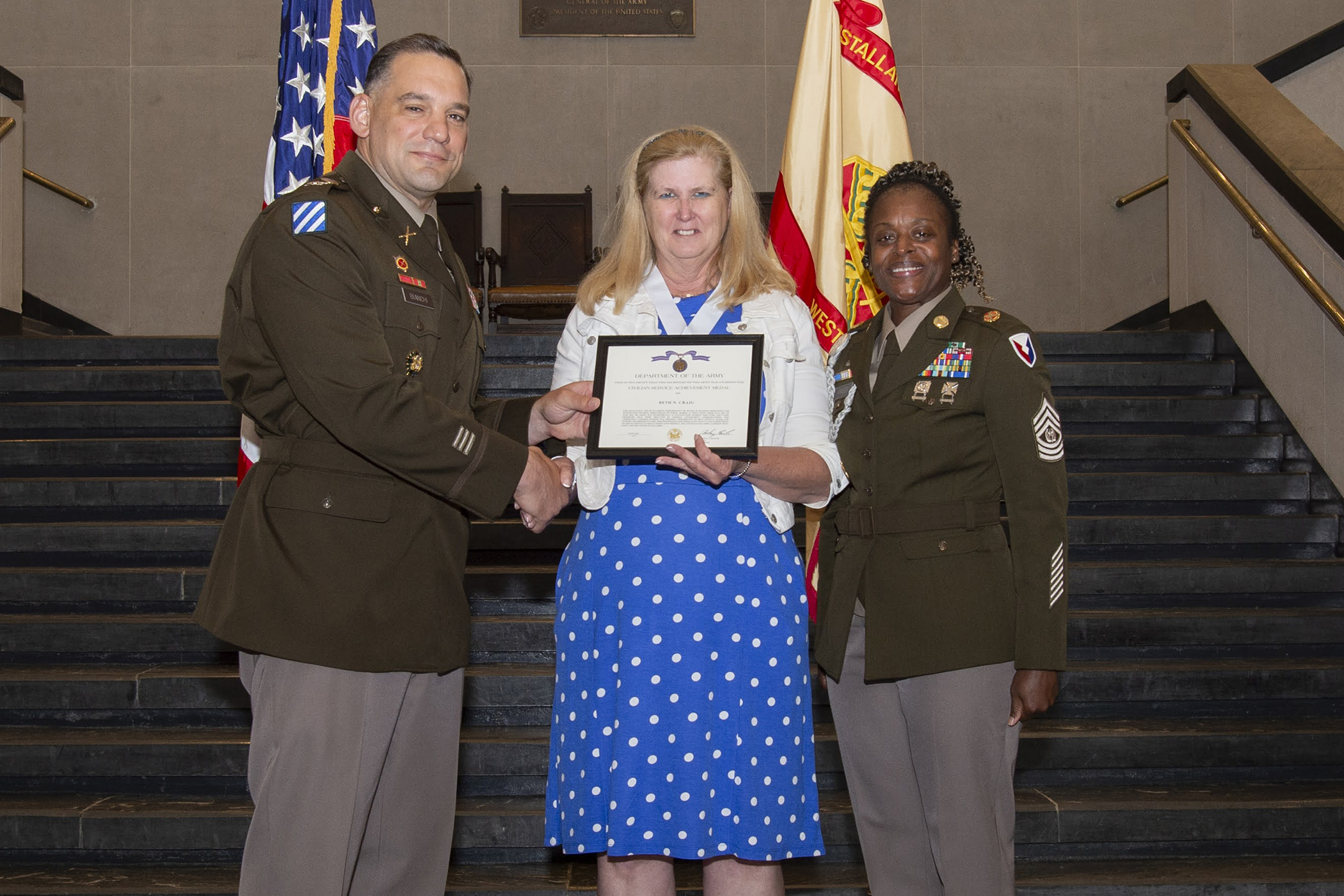 Department of Defense, Army civilians were presented awards and certificates in recognition of appreciation for their years of service and retirement during a ceremony June 15 at Crest Hall. Four West Point employees – James “Chickie” Ciccarelli, Beth N. Craig, Maureen Howard and John J. DeAngelis – were honored by U.S. Military Academy Garrison Commander, Col. Anthony J. Bianchi, during the ceremony.   (Photo by Kyle Osterhoudt/USMA PAO)