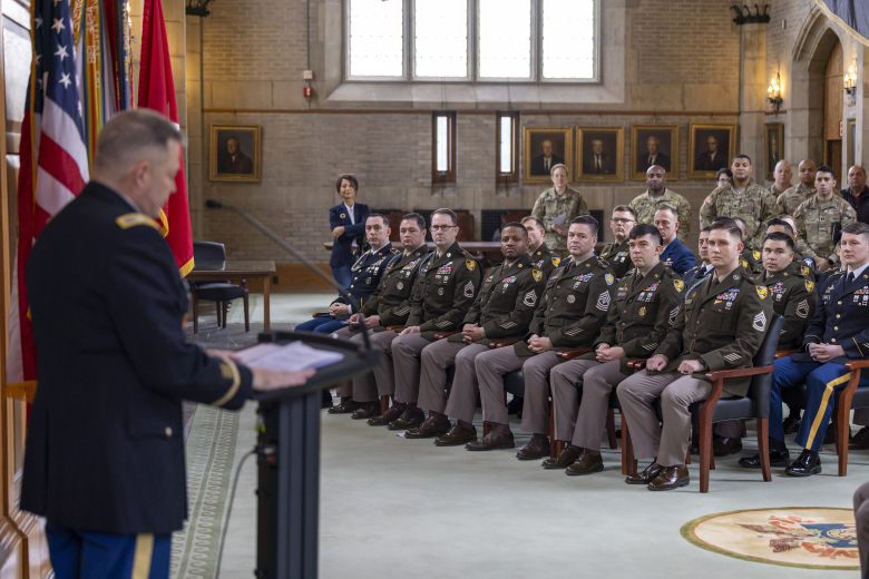 Twenty-three noncommissioned officers graduated from the eighth cohort of the Benavidez Leader Development Program (BLDP) during a ceremony Feb. 24 in the Thayer Award Room at West Point. The class’s graduates were assembled from several West Point organizations to include the West Point staff, Brigade Tactical Department (BTD/U.S. Corps of Cadets), West Point Band, USMA Public Affairs, West Point Military Police, the USMA Preparatory School and other organizations outside of the academy to include to U.S. 