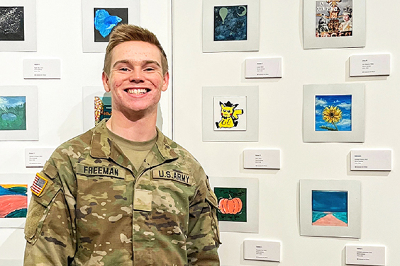 The U.S. Military Academy Library unveiled the tiny art exhibit — Magnificent Miniatures — of 95 pieces of original artwork on Oct. 23 and is now open to view. The idea to host a Tiny Art Show, featuring miniature canvases painted by USMA cadets, came from Programming and Event Librarian Lori Mulloolyʼs (bottom left photo to the right) vision. Miniature art is a genre of small-scale art that includes paintings, prints, sculptures and more and has a long history of its own. This program and exhibit