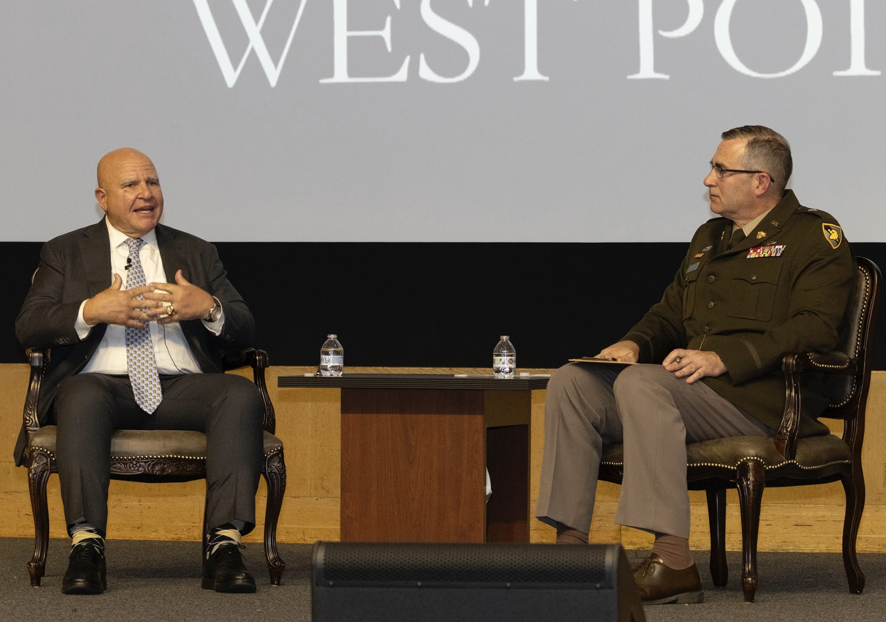 Brig. Gen. Shane Reeves, 15th Dean of the Academic Board at West Point, conducts a fireside chat featuring the 25th assistant to the U.S. president for the Department of National Security Affairs, retired Lt. Gen. H.R. McMaster.