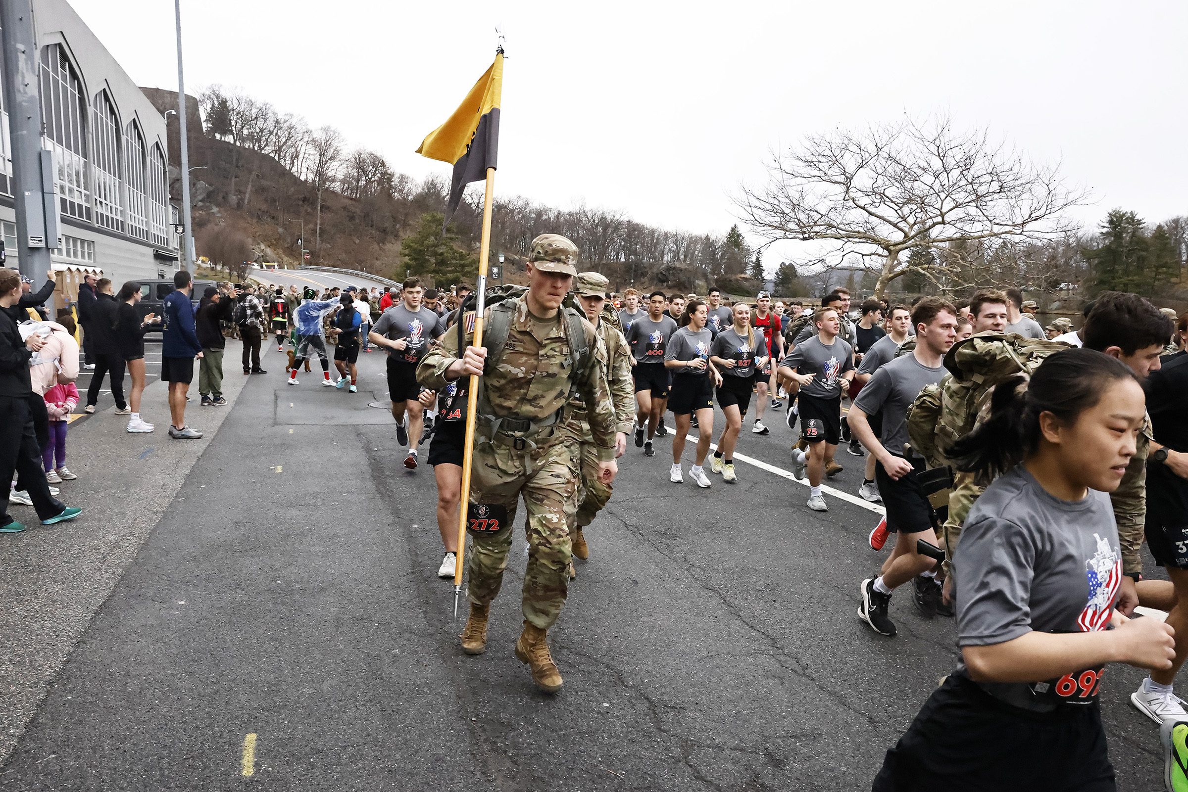 The Army West Point Cadet Marathon Team hosted the 2024 Fallen Comrades Half Marathon on March 17 at West Point. An estimated 700 participants took part in the run and ruck divisions, along with a one-mile Kids Run. The race started and finished at Michie Stadium and ran through most parts of the installation. The purpose of the half marathon is to promote physical fitness and to commemorate West Point graduates who were killed in action or training during Vietnam or the Global War on Terrorism. At each mil