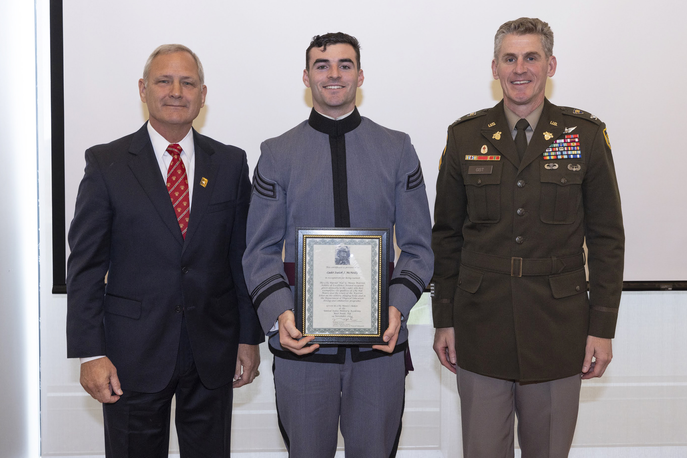 Class of 2025 Cadets Gabriella Sorrentino and Isaiah McNeilly were chosen as the recipients of the 2024 Lt. Gen. Hal Moore Athlete of Excellence Award and received their accolades during a ceremony Nov. 14 in the Haig Room.   (Photo by Kyle Osterhoudt/USMA PAO-VI)