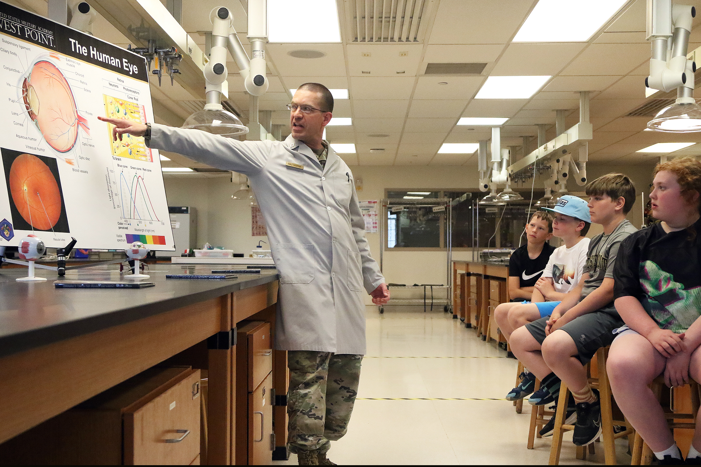 Approximately 50 fifth graders from the West Point Elementary School took a field trip to Bartlett Hall May 31 to experience a science adventure with professors and instructors from the Chemistry and Life Sciences and Physics and Nuclear Engineering Departments.   (Photo by Eric S. Bartelt/PV)