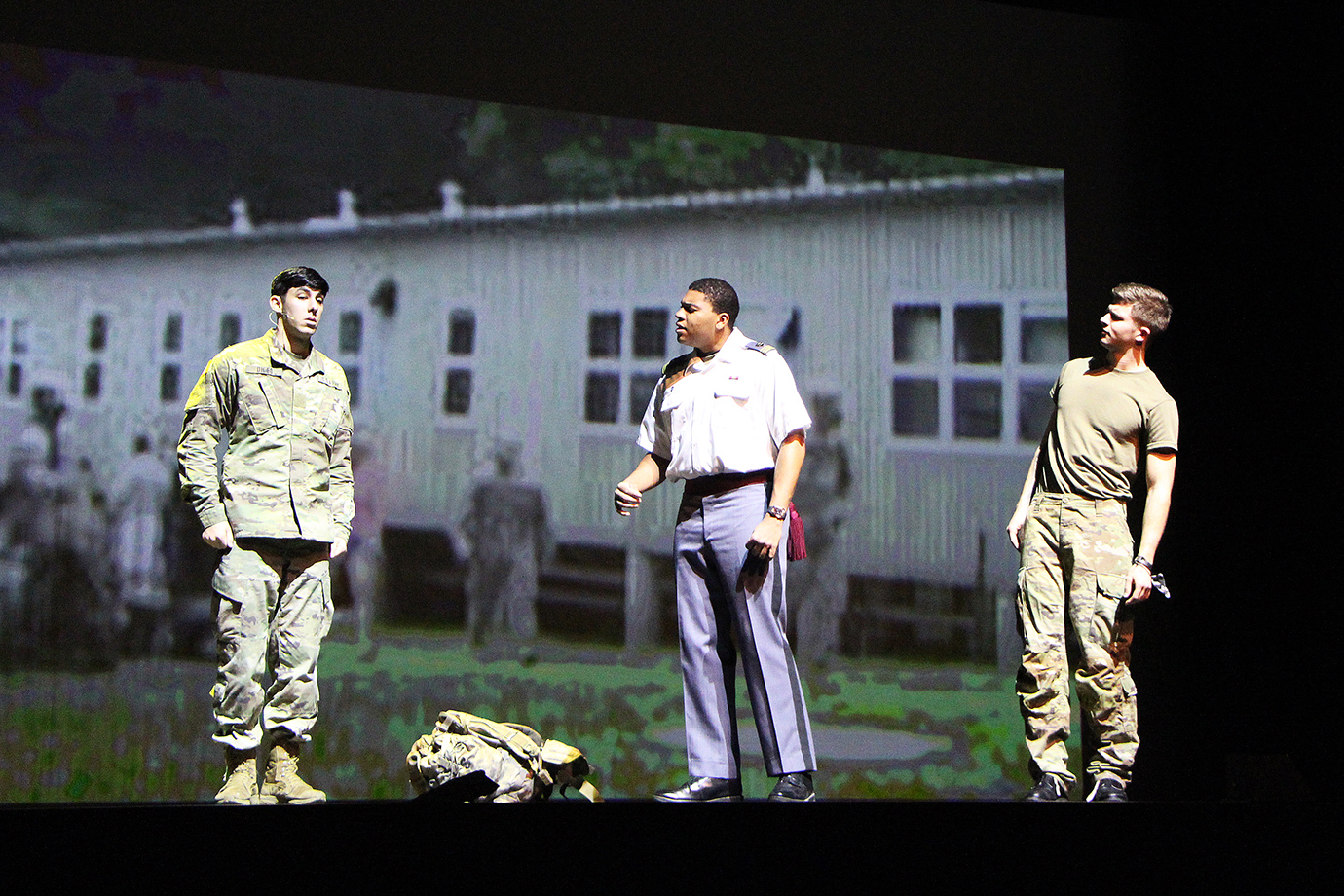 Members of the Class of 2022 performed skits during a live production titled, “Firsties Endgame,ˮ in what is traditionally known as the “100th Night Showˮ on Saturday at Eisenhower Hall Theatre. (Above) The firsties do a scene that reflects their experience at Cadet Basic Training, or Beast Barracks. (Below) Class of 2022 Cadets got together during the first semester to draft the first copies of the 100th Night Show.   Photos by Class of 2022 Cadet Andres Rodriguez
