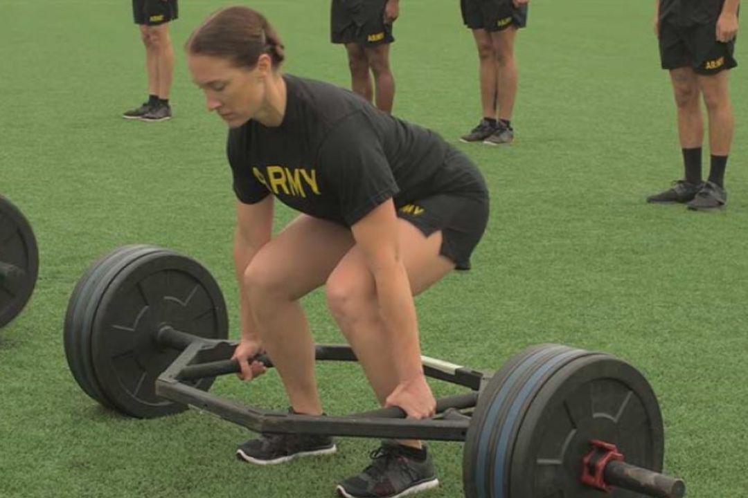  Cadet performing a deadlift for the Army Fitness Test