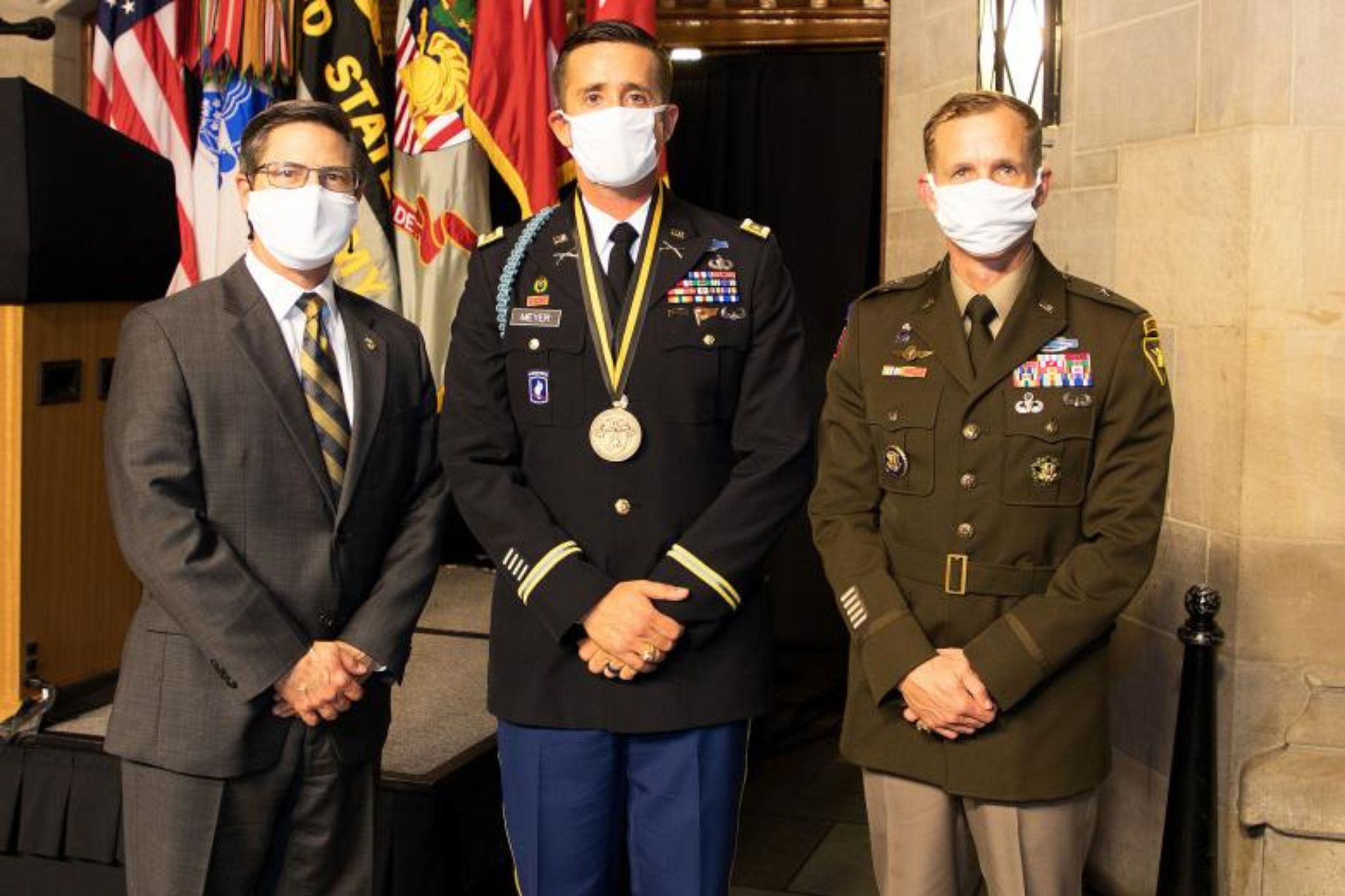 The West Point Association of Graduates hosted its 15th annual Alexander R. Nininger Award for Valor at Arms Oct. 22 at the Cadet Mess Hall. WPAOG recognized Maj. John A. Meyer, U.S. Military Academy Class of 2005, for his courage under fire and commitment to mission accomplishment while earning a Silver Star for heroic actions during combat operations with Troop B, 1st Squadron, 91st Cavalry (Airborne), 173rd Airborne Brigade July 27, 2007, during Operation Enduring Freedom in Afghanistan. 