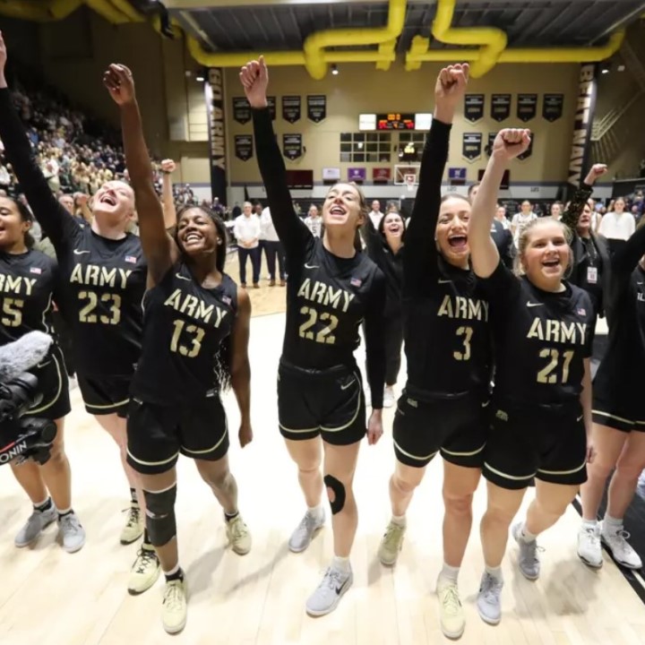 The West Point basketball team gets psyched before a game. 