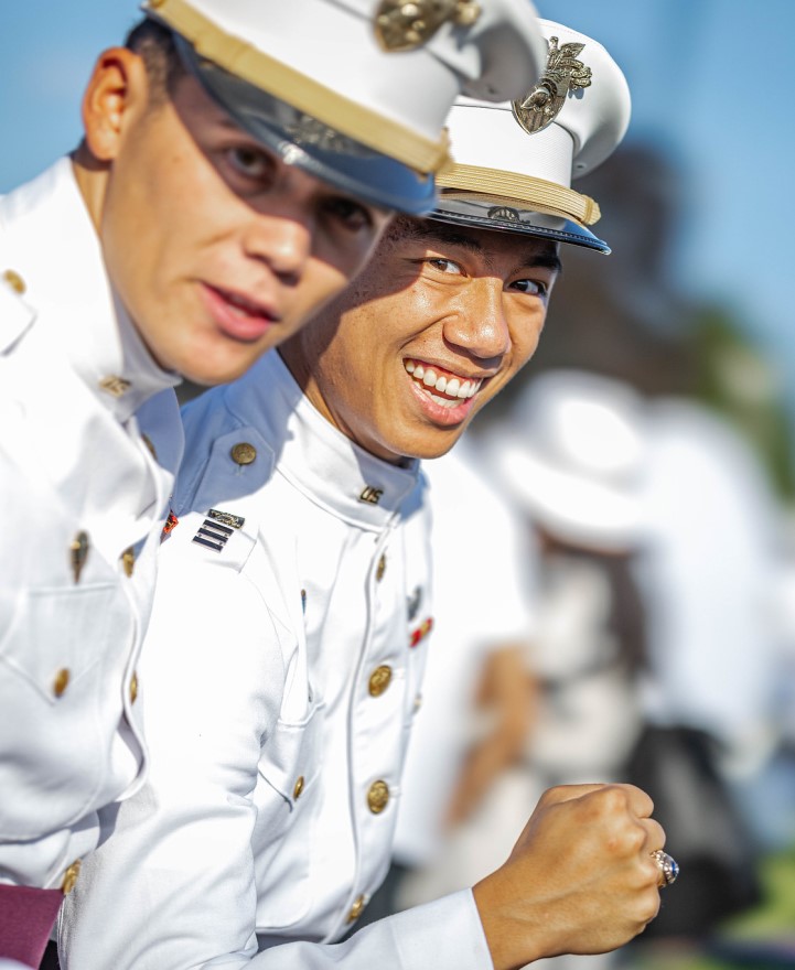 Cadets dressed in their dress whites.