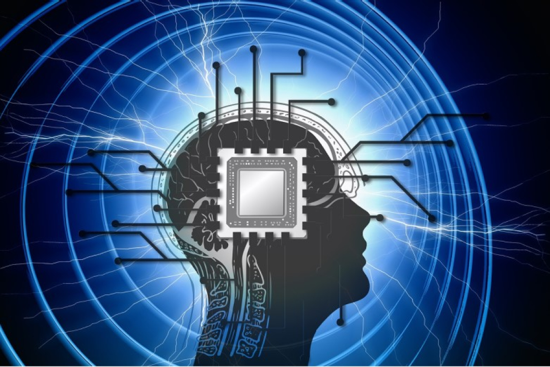 A stylized human head silhouette with a microchip embedded in the brain is surrounded by glowing circuit lines and electric patterns, symbolizing artificial intelligence and neural technology.