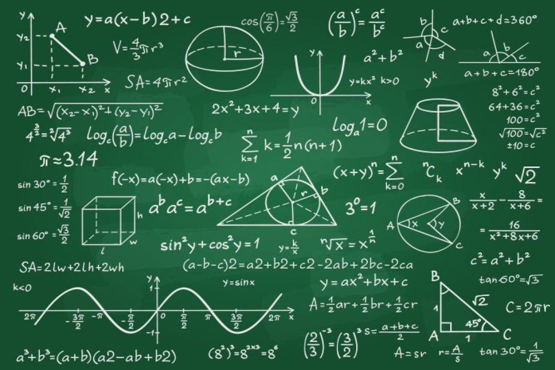 A green chalkboard filled with mathematical equations, graphs, geometric diagrams, and formulas illustrates a wide range of algebra and geometry concepts.