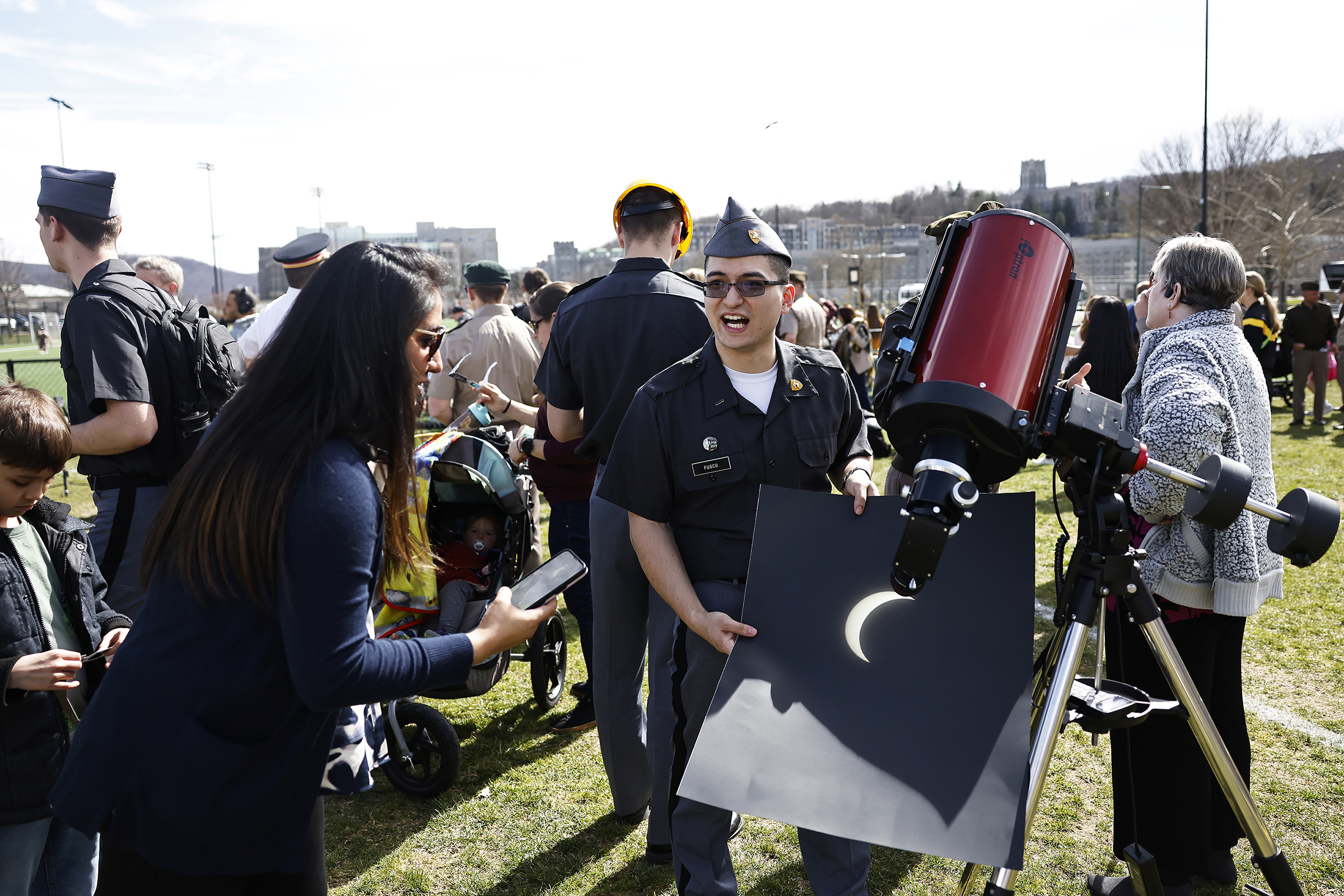Cadets, staff, faculty and West Point community members traveled to Daly Field April 8 to witness the Solar Eclipse at the U.S. Military Academy.   (Photo by Eric S. Bartelt/USMA PAO)