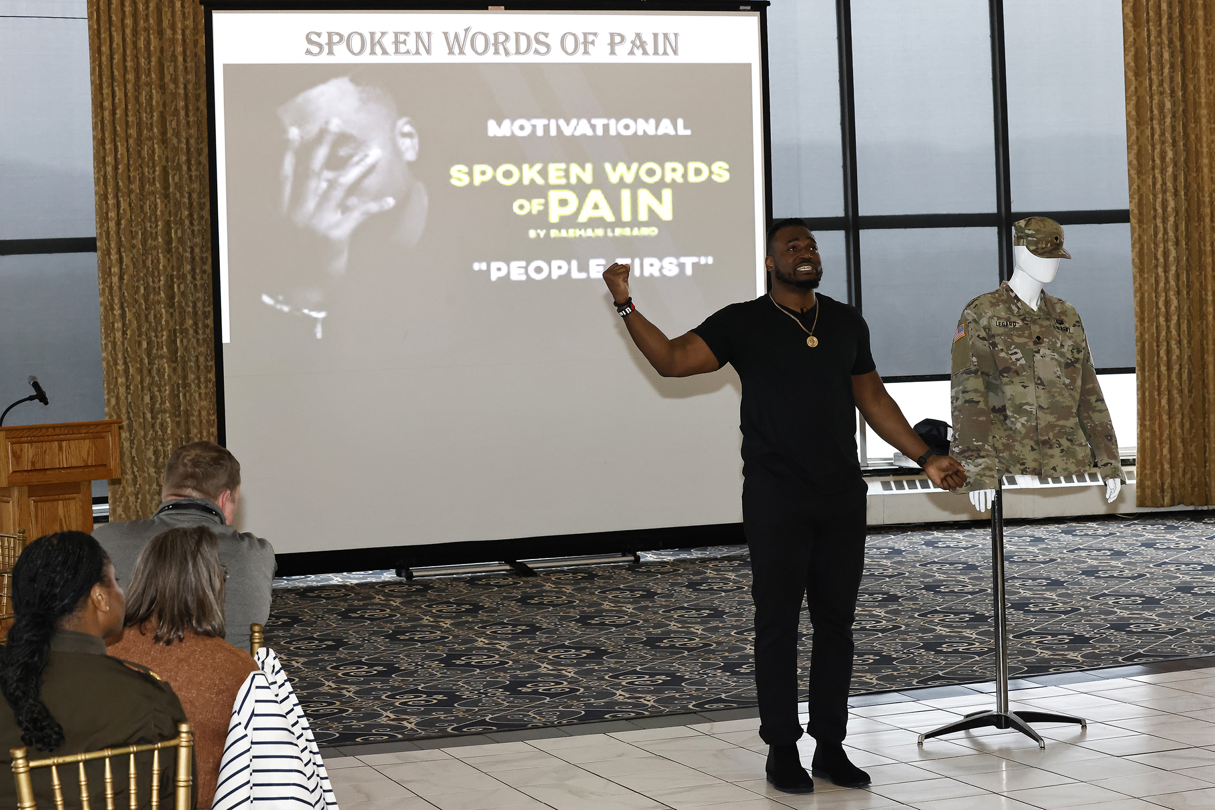 The U.S. Military Academy Sexual Harassment/Assault Prevention (SHARP) program hosted the kickoff event of Sexual Assault Awareness and Prevention Month (SAAPM) featuring spoken word poet, Rashan Legard, on April 2 at Eisenhower Hall Theatre. Legard also spoke to the West Point community during a SAAPM luncheon on April 3 at the West Point Club.  (Photo by Eric S. Bartelt/USMA PAO)