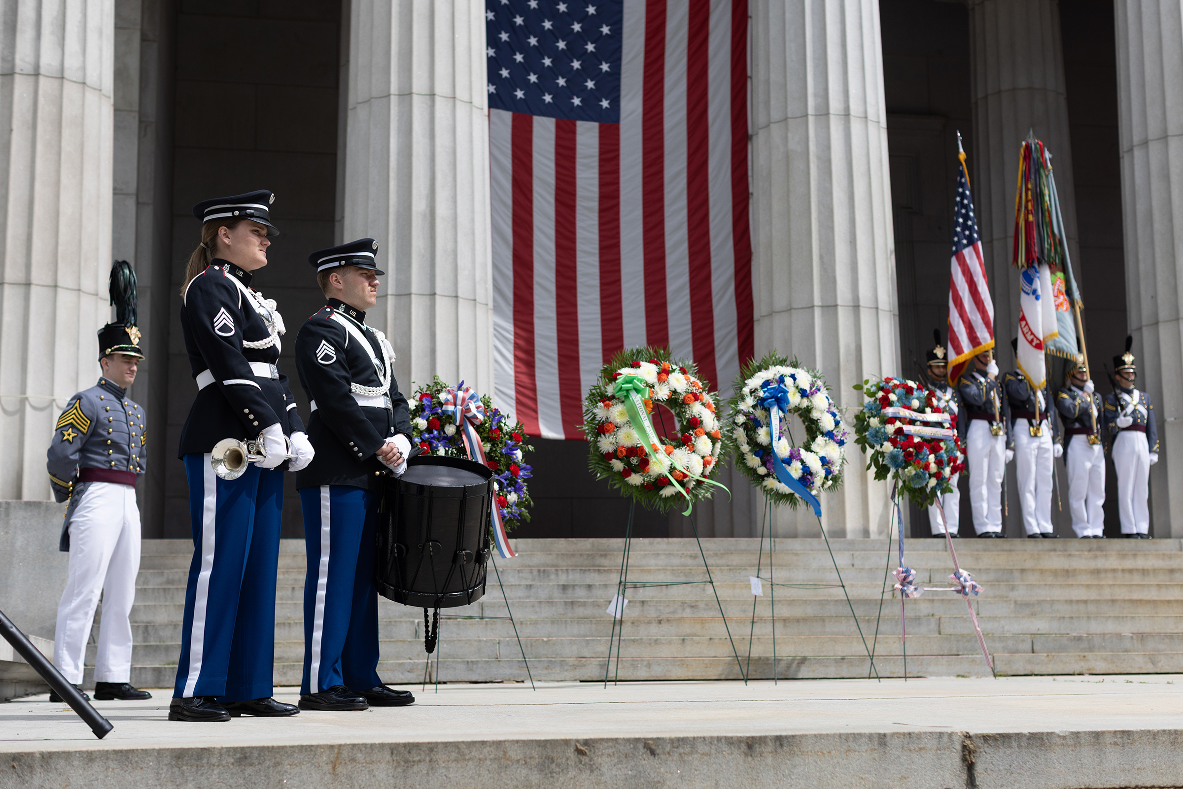 Several members from the U.S. Military Academy, including the U.S. Corps of Cadets Regimental Staff performing honor guard duties, the West Point Band performing Taps, West Point Military Police Color Guard firing salutary volleys, and Dean of the Academic Board Brig. Gen. Shane Reeves speaking and laying the wreath on behalf of President Joseph R. Biden during the Ulysess S. Grant Wreath Laying Ceremony to celebrate his 202nd birthday. The ceremony took place April 27 at the Gen. Grant National Memorial in