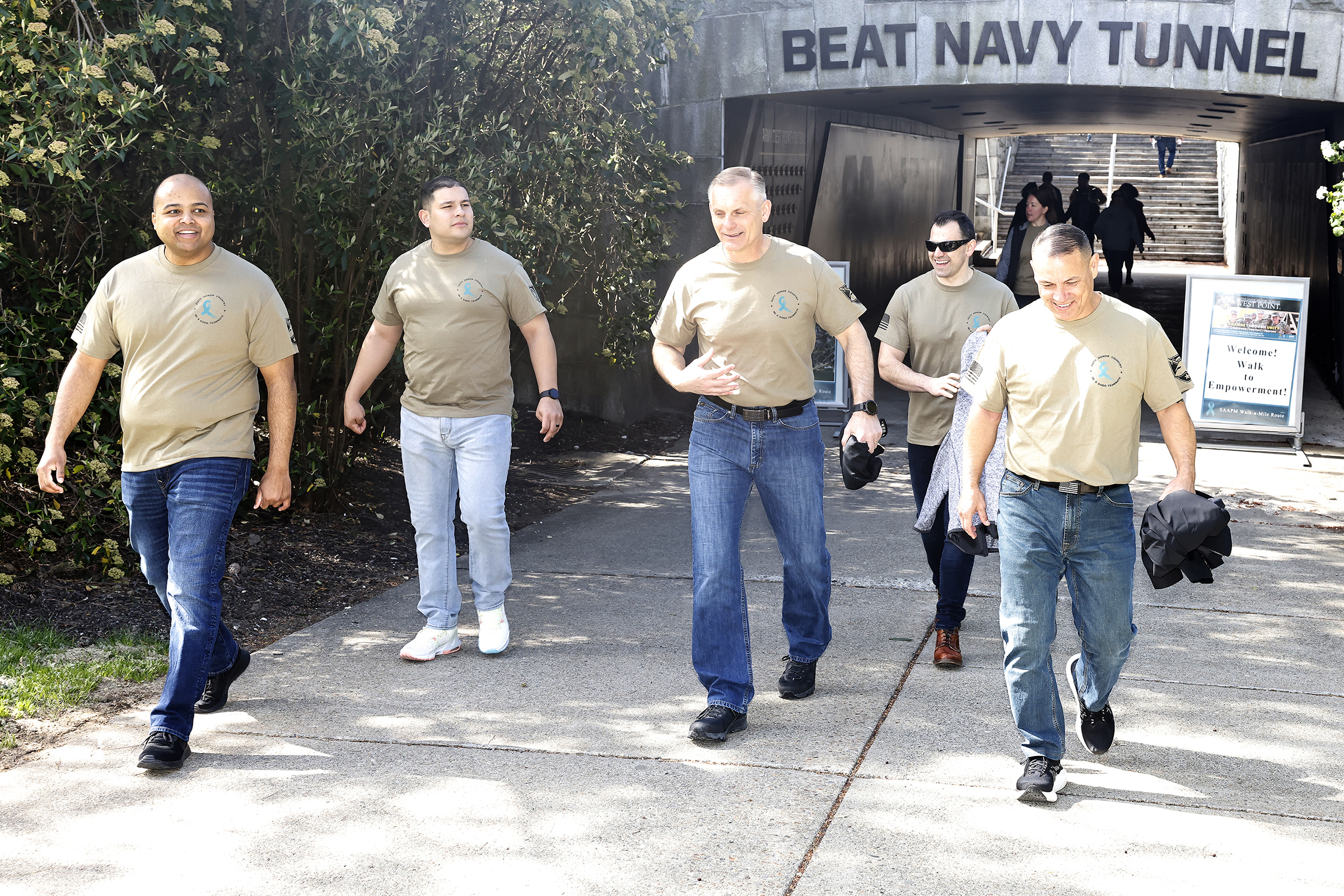 The West Point Sexual Harassment Assault Response Prevention (SHARP) team hosted the Walk A Mile in observance of Sexual Assault Awareness and Prevention Month (SAAPM) April 24 at the Beat Navy Tunnel and sidewalk area along Eisenhower Hall. Throughout the day, the community also wore denim as it is Demin Day, which supports sexual assault survivors.  (Photo by Eric S. Bartelt/USMA PAO)
