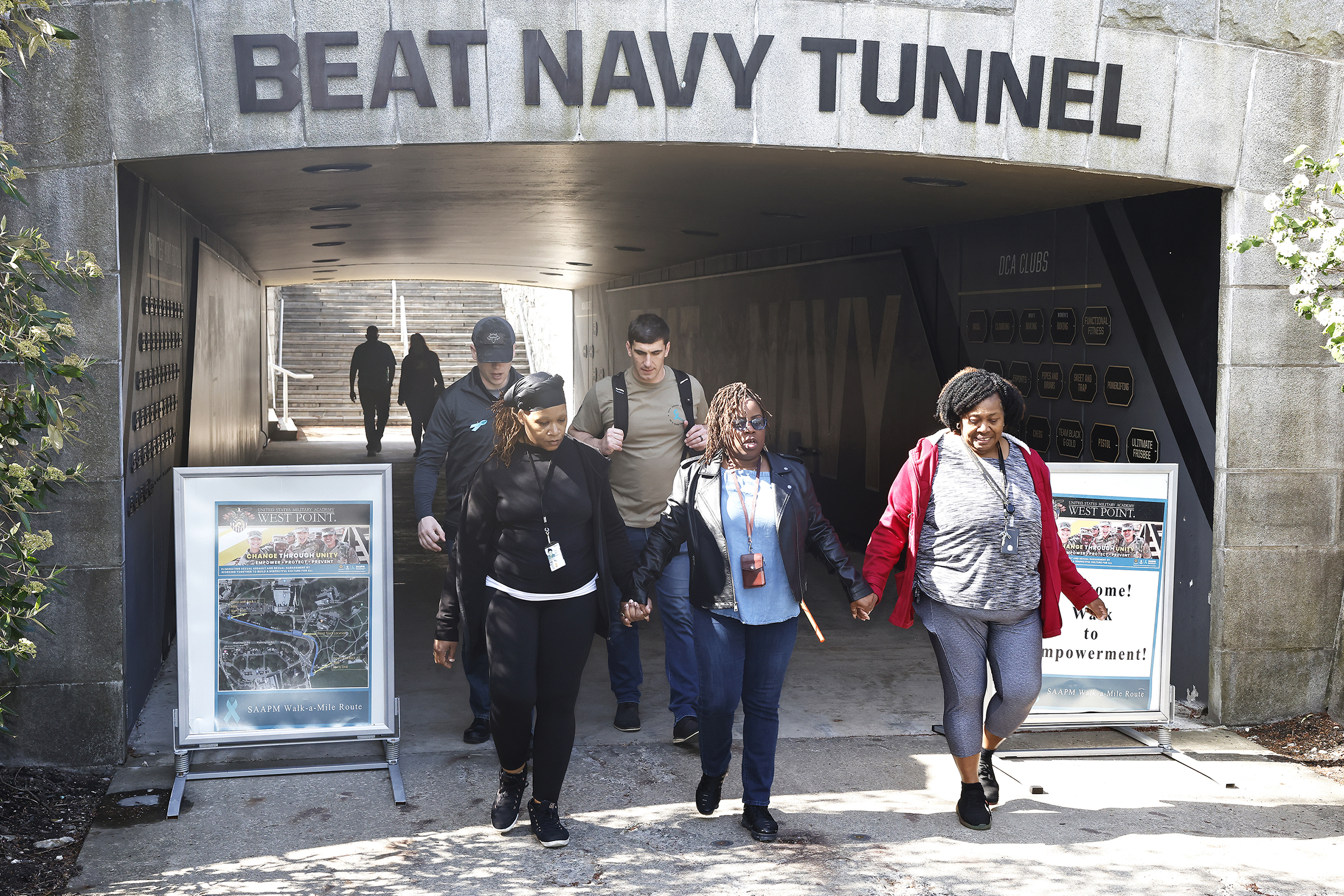 The West Point Sexual Harassment Assault Response Prevention (SHARP) team hosted the Walk A Mile in observance of Sexual Assault Awareness and Prevention Month (SAAPM) April 24 at the Beat Navy Tunnel and sidewalk area along Eisenhower Hall. Throughout the day, the community also wore denim as it is Demin Day, which supports sexual assault survivors.  (Photo by Eric S. Bartelt/USMA PAO)