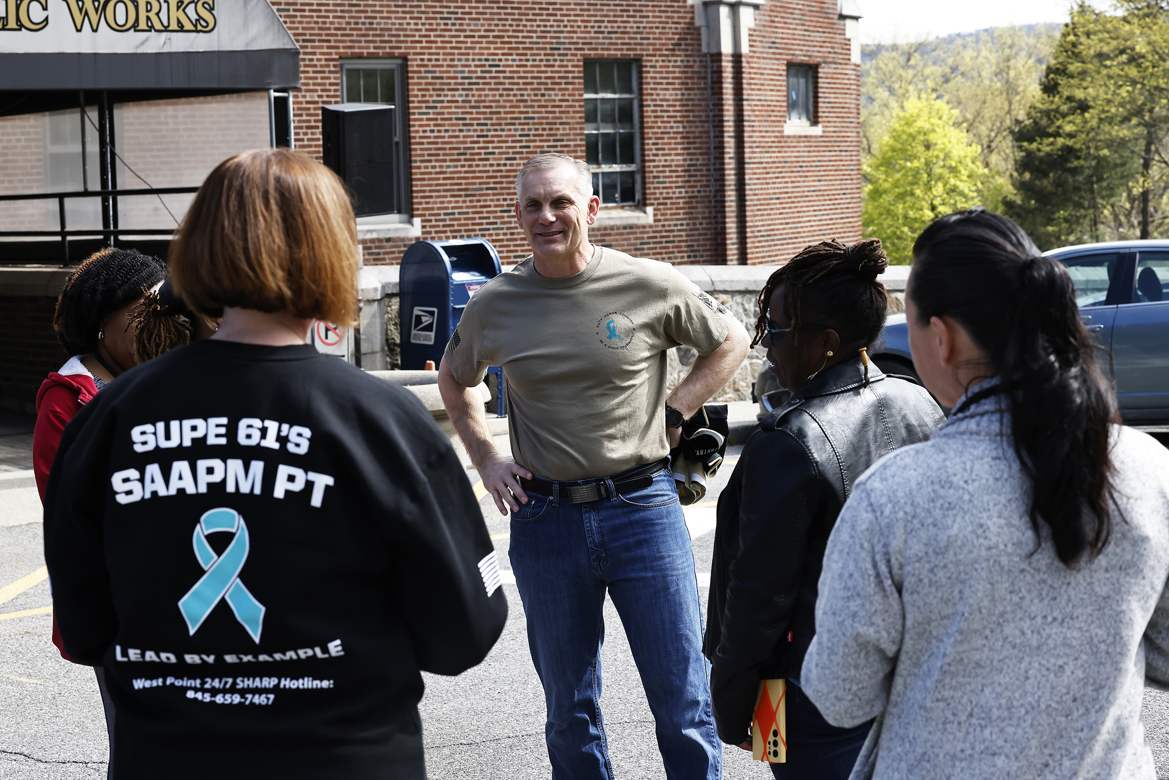 The West Point Sexual Harassment Assault Response Prevention (SHARP) team hosted the Walk A Mile in observance of Sexual Assault Awareness and Prevention Month (SAAPM) April 24 at the Beat Navy Tunnel and sidewalk area along Eisenhower Hall. Throughout the day, the community also wore denim as it is Demin Day, which supports sexual assault survivors.  (Photo by Eric S. Bartelt/USMA PAO)