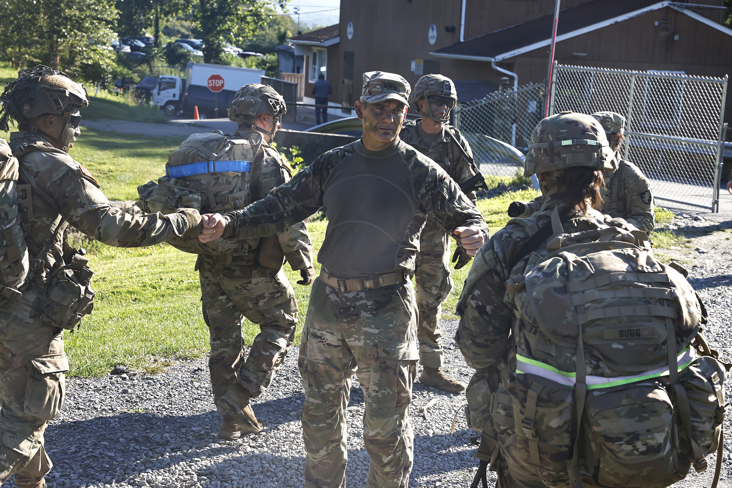 The U.S. Military Academy Class of 2028 completes its Cadet Basic Training with March Back on Aug. 12 at West Point. The new cadets marched 14 miles from Camp Buckner to the Victor Constant Ski Slope where they had a brief respite before making their final journey to the Superintendent's house to finish the march. They were accompanied by several graduates on the route, including many from their 50-year affiliate class, the Class of 1978. (Photo by Eric S. Bartelt/USMA PAO)