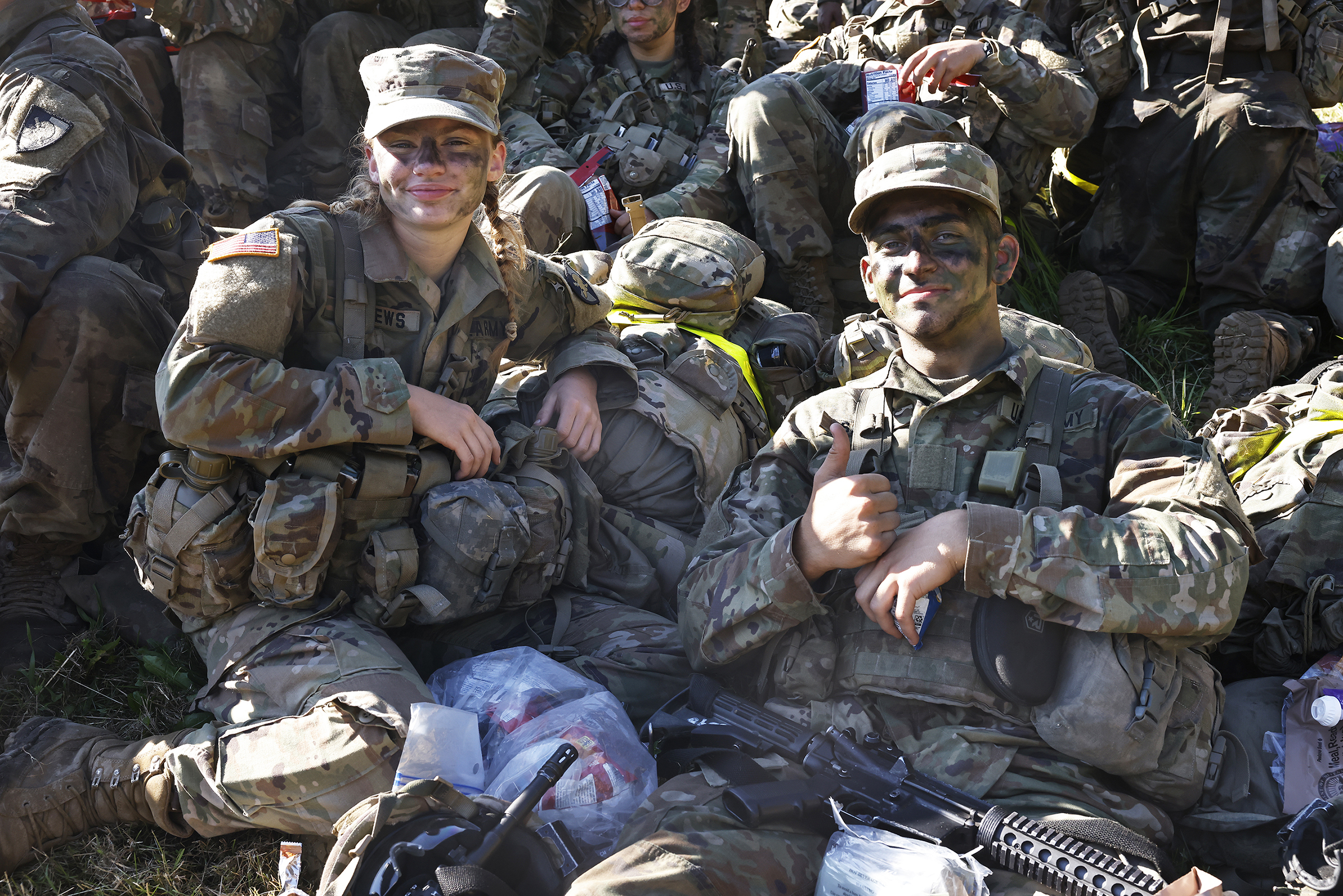 The U.S. Military Academy Class of 2028 completes its Cadet Basic Training with March Back on Aug. 12 at West Point. The new cadets marched 14 miles from Camp Buckner to the Victor Constant Ski Slope where they had a brief respite before making their final journey to the Superintendent's house to finish the march. They were accompanied by several graduates on the route, including many from their 50-year affiliate class, the Class of 1978. (Photo by Eric S. Bartelt/USMA PAO)