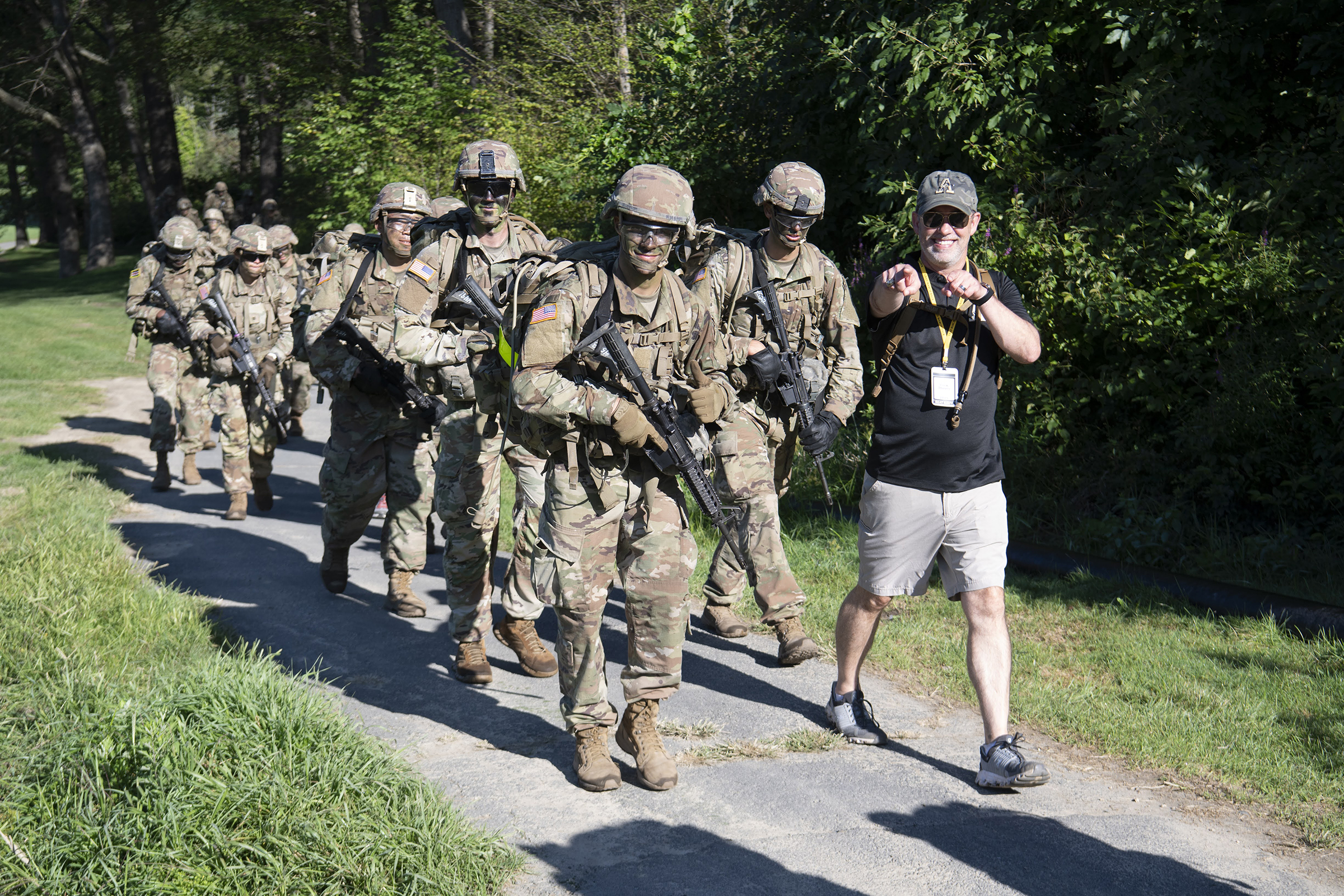 The U.S. Military Academy Class of 2028 completes its Cadet Basic Training with March Back on Aug. 12 at West Point. The new cadets marched 14 miles from Camp Buckner to the Victor Constant Ski Slope where they had a brief respite before making their final journey to the Superintendent's house to finish the march. They were accompanied by several graduates on the route, including many from their 50-year affiliate class, the Class of 1978. (Photo by John Pellino/USMA PAO)