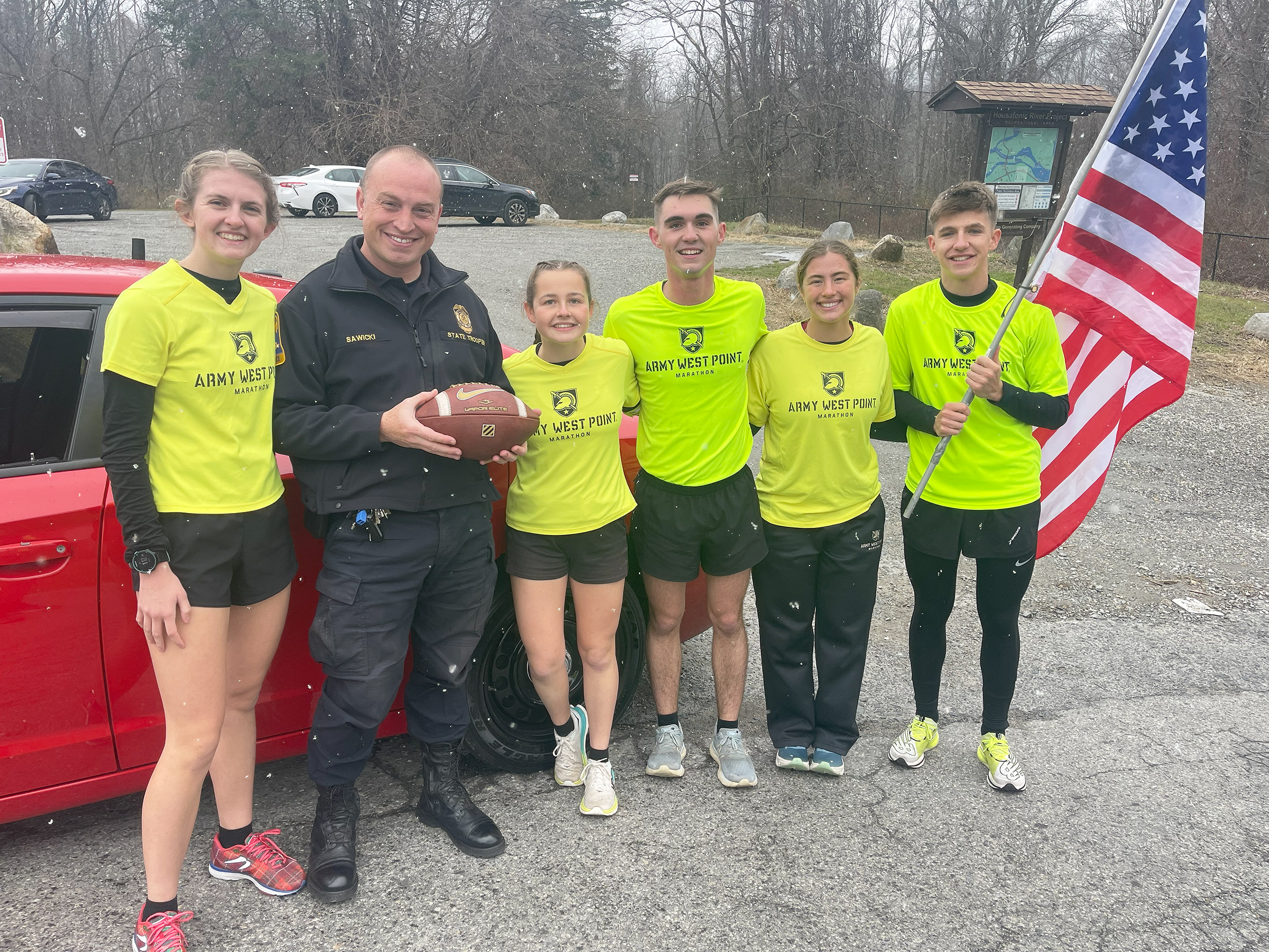 The approximately 300-mile journey of the Army-Navy Ball Run begins Wednesday, Dec. 11, in front of Quarters 100 of U.S. Military Academy Superintendent Lt. Gen. Steven Gilland’s home. Eighteen members of the Army West Point Marathon Team will step off to cheers from the West Point community and Corps of Cadets to deliver the Army-Navy gameday ball to Northwest Stadium, home of the NFL’s Washington Commanders, in Landover, Md., on Saturday, Dec. 14, for the 125th iteration of the Army-Navy Game.  (Photo cou