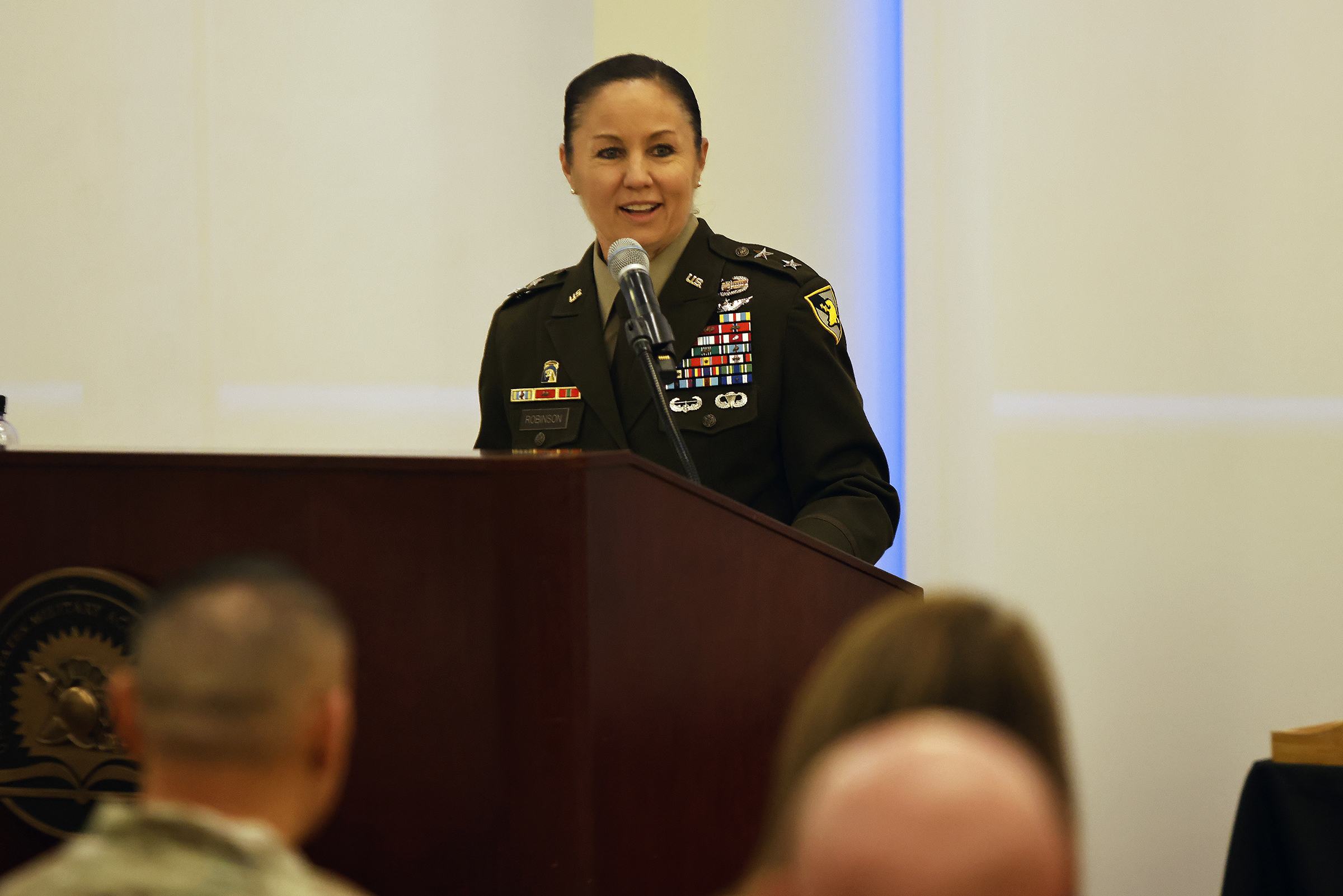 Family, friends, faculty and staff united at the Haig Room in Jefferson Hall Jan. 18 to celebrate the promotion ceremony of U.S. Corps of Cadets (USCC) Commandant, Lori L. Robinson. She was promoted from the rank of brigadier general to major general during a festive time-honored observance that included music, food and a reception hailing the career and future aspirations of the Paterson, N.J., native.