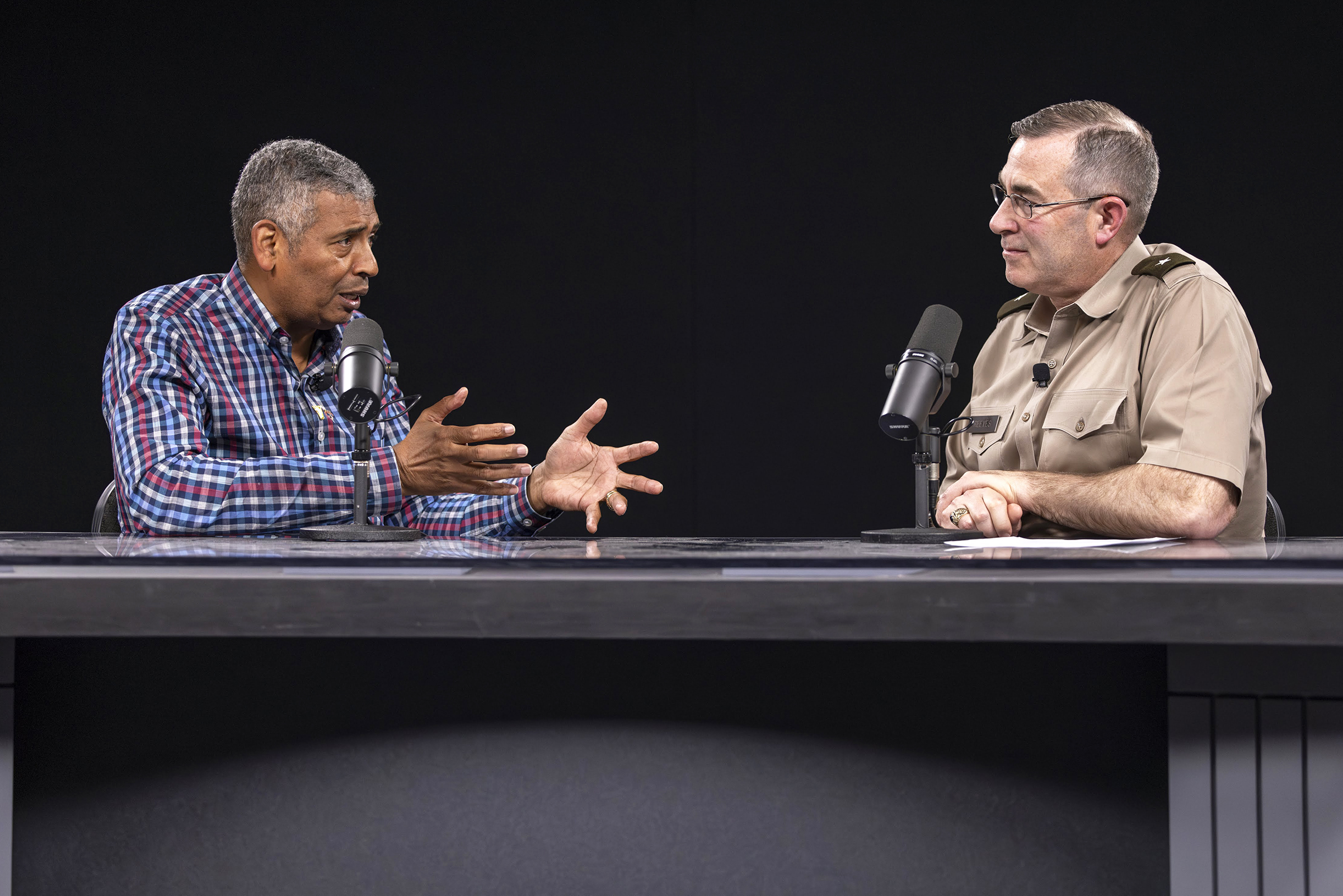 During the new episode of the “Inside West Point: Ideas That Impact” podcast, retired Gen. Vincent Brooks and Dean of the Academic Board, Brig. Gen. Shane Reeves, speak about crisis leadership and information warfare as Brooks shares his extensive experiences and thoughts on leadership, innovation and solving complex problems.  (Photo by Christopher Hennen/USMA PAO)