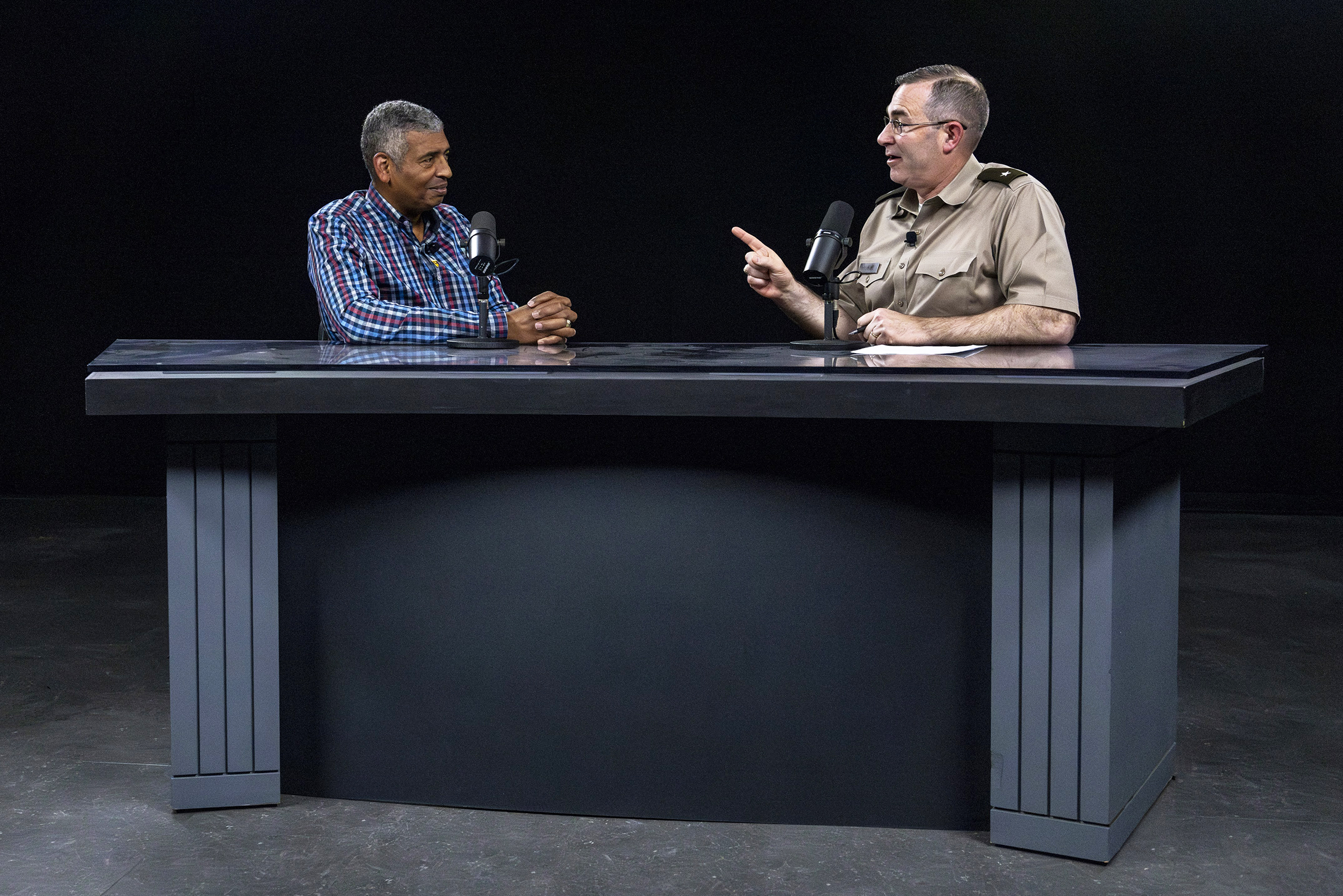 During the new episode of the “Inside West Point: Ideas That Impact” podcast, retired Gen. Vincent Brooks and Dean of the Academic Board, Brig. Gen. Shane Reeves, speak about crisis leadership and information warfare as Brooks shares his extensive experiences and thoughts on leadership, innovation and solving complex problems.  (Photo by Christopher Hennen/USMA PAO)