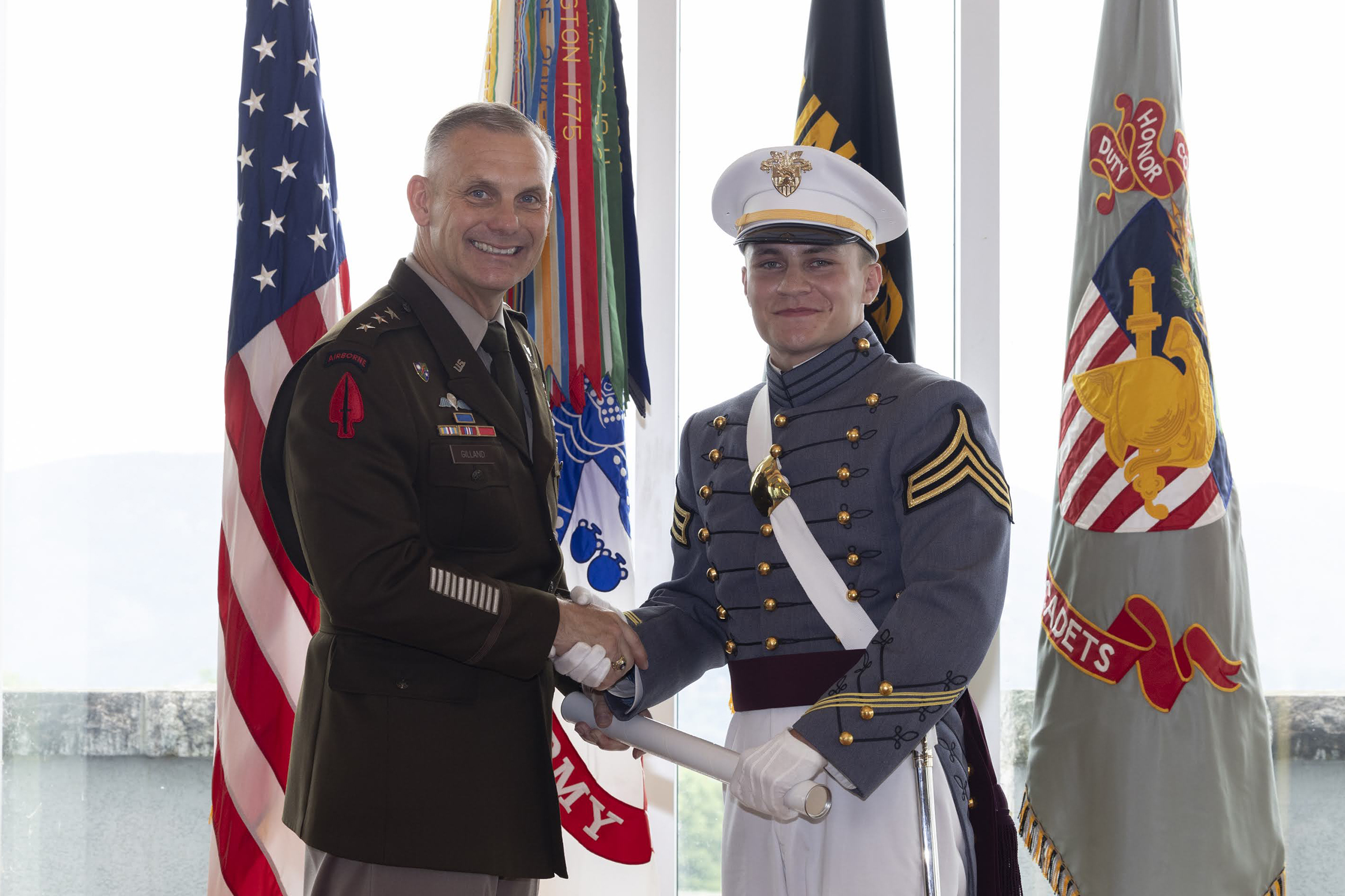 The U.S. Military Academy hosted the Graduation and Commissioning Ceremony of three members of the USMA Class of 2024. Class of 2024 Cadets Banjamin Guerrieri, Julian Sanchez and Ian Winch graduated and are now second lieutenants and members of the Long Gray Line. USMA Superintendent Lt. Gen. Steven Gilland made the graduation address during the ceremony. (Photo by Kyle Osterhoudt/USMA PAO)