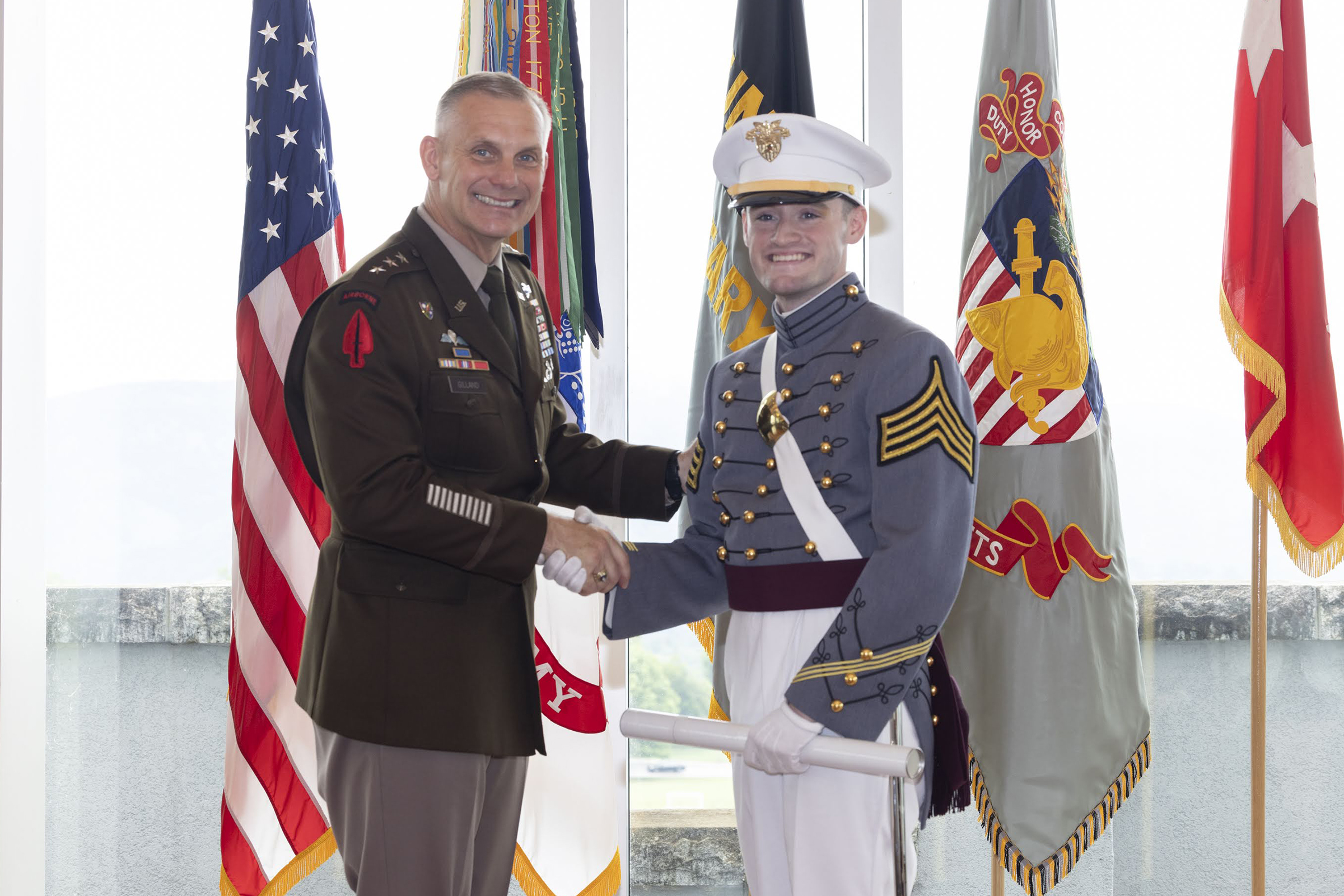 The U.S. Military Academy hosted the Graduation and Commissioning Ceremony of three members of the USMA Class of 2024. Class of 2024 Cadets Banjamin Guerrieri, Julian Sanchez and Ian Winch graduated and are now second lieutenants and members of the Long Gray Line. USMA Superintendent Lt. Gen. Steven Gilland made the graduation address during the ceremony. (Photo by Kyle Osterhoudt/USMA PAO)