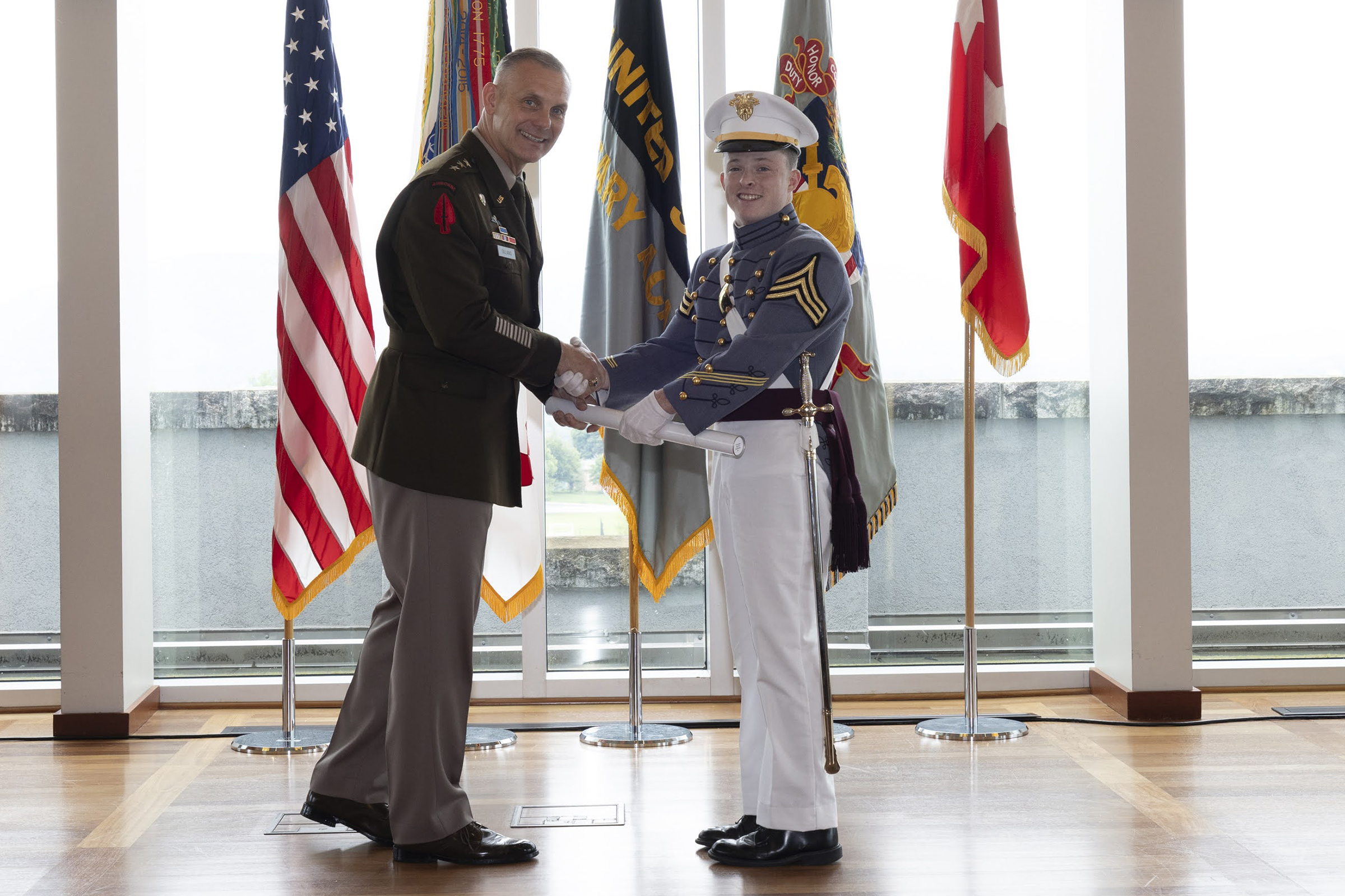 The U.S. Military Academy hosted the Graduation and Commissioning Ceremony of three members of the USMA Class of 2024. Class of 2024 Cadets Banjamin Guerrieri, Julian Sanchez and Ian Winch graduated and are now second lieutenants and members of the Long Gray Line. USMA Superintendent Lt. Gen. Steven Gilland made the graduation address during the ceremony. (Photo by Kyle Osterhoudt/USMA PAO)