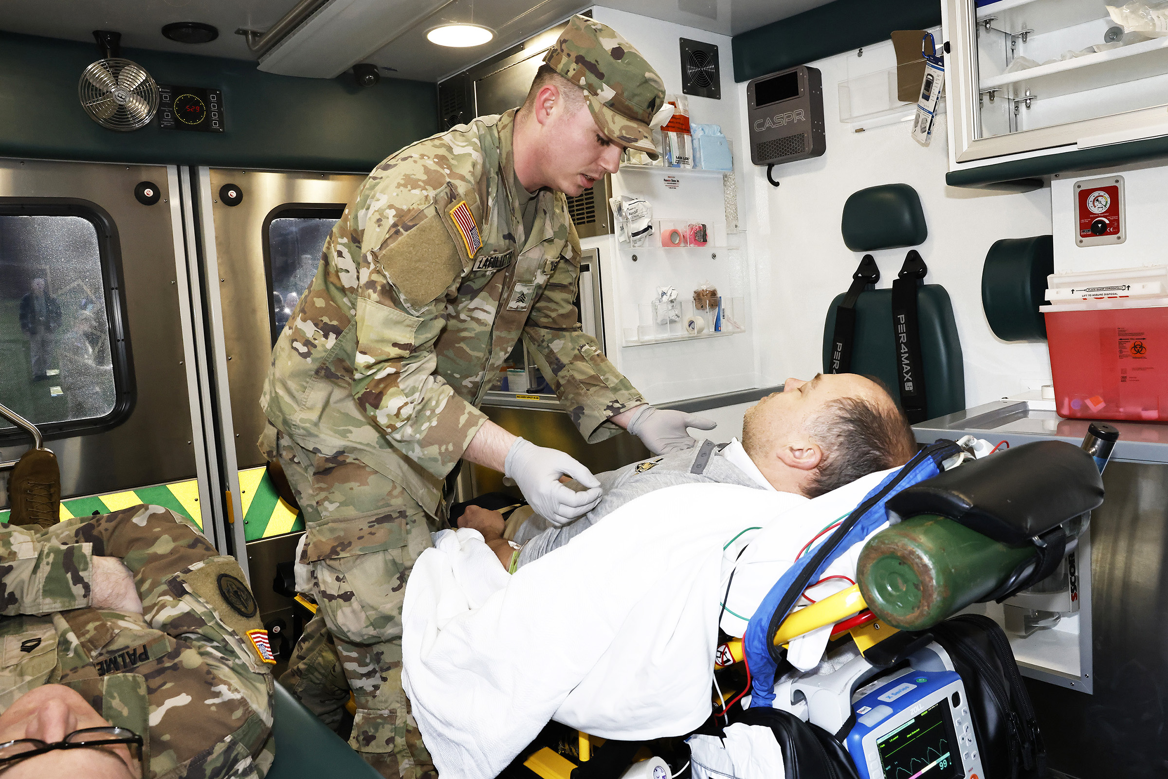 West Point conducted its annual Integrated Protection Exercise on March 13 to assess the installation’s emergency response and recovery capabilities with a realistic mass casualty (MASCAL) scenario.   The scenario involved a traffic accident with a Directorate of Public Works snowplow truck and post shuttle bus with several occupants onboard along Pitcher Road, in the vicinity of Eisenhower Hall and Gillis Field House.   Role-players across the installation portrayed patients, allowing first responders to 