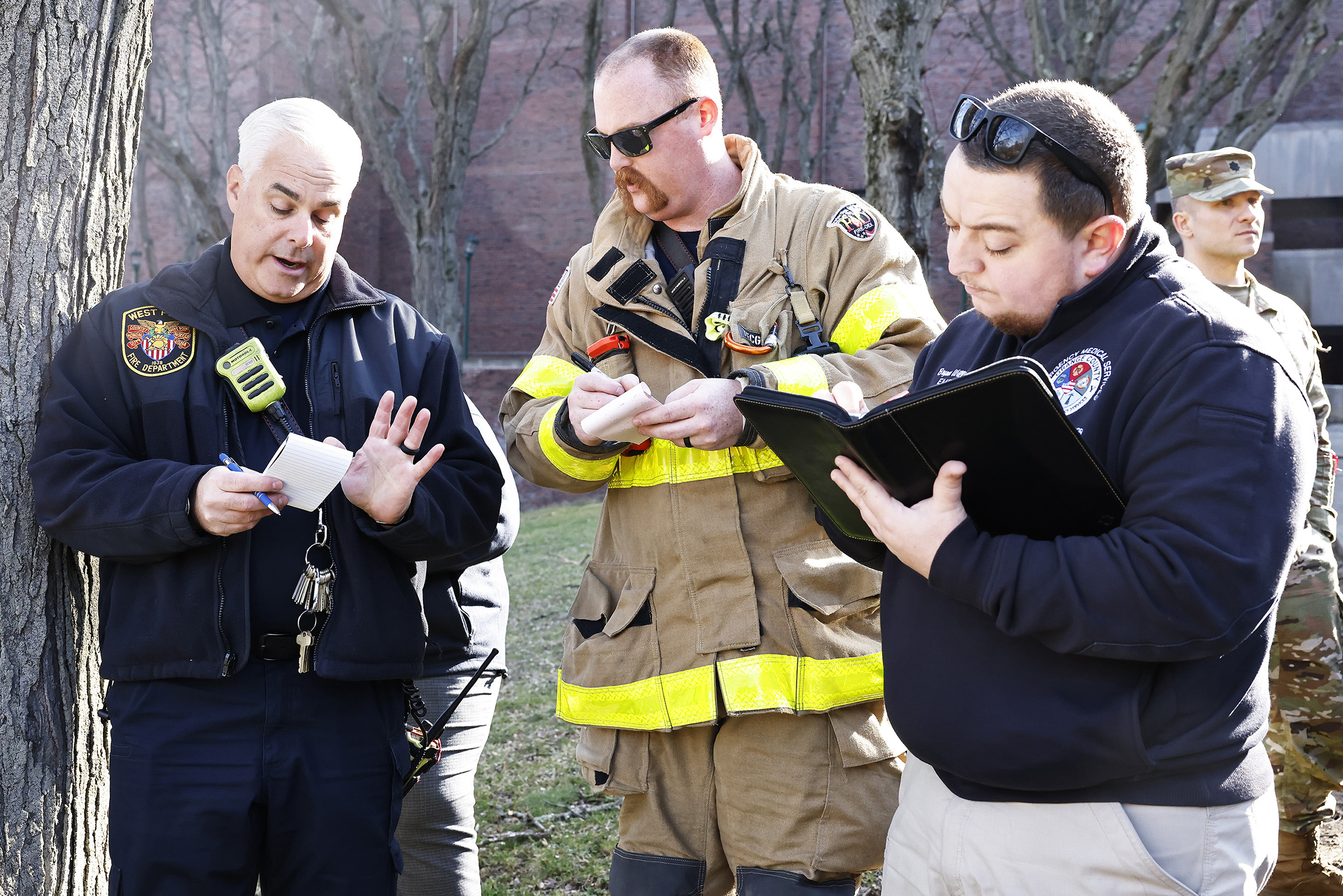 West Point conducted its annual Integrated Protection Exercise on March 13 to assess the installation’s emergency response and recovery capabilities with a realistic mass casualty (MASCAL) scenario.   The scenario involved a traffic accident with a Directorate of Public Works snowplow truck and post shuttle bus with several occupants onboard along Pitcher Road, in the vicinity of Eisenhower Hall and Gillis Field House.   Role-players across the installation portrayed patients, allowing first responders to