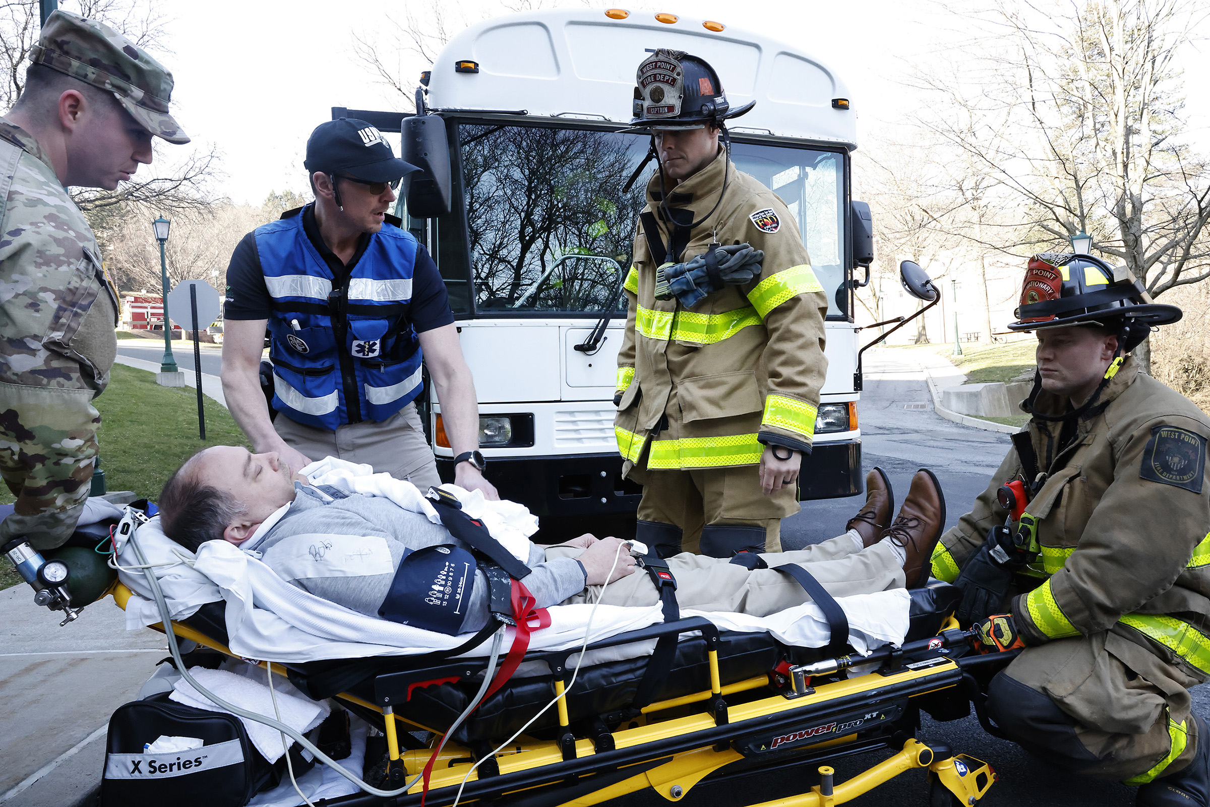 West Point conducted its annual Integrated Protection Exercise on March 13 to assess the installation’s emergency response and recovery capabilities with a realistic mass casualty (MASCAL) scenario.   The scenario involved a traffic accident with a Directorate of Public Works snowplow truck and post shuttle bus with several occupants onboard along Pitcher Road, in the vicinity of Eisenhower Hall and Gillis Field House.   Role-players across the installation portrayed patients, allowing first responders to