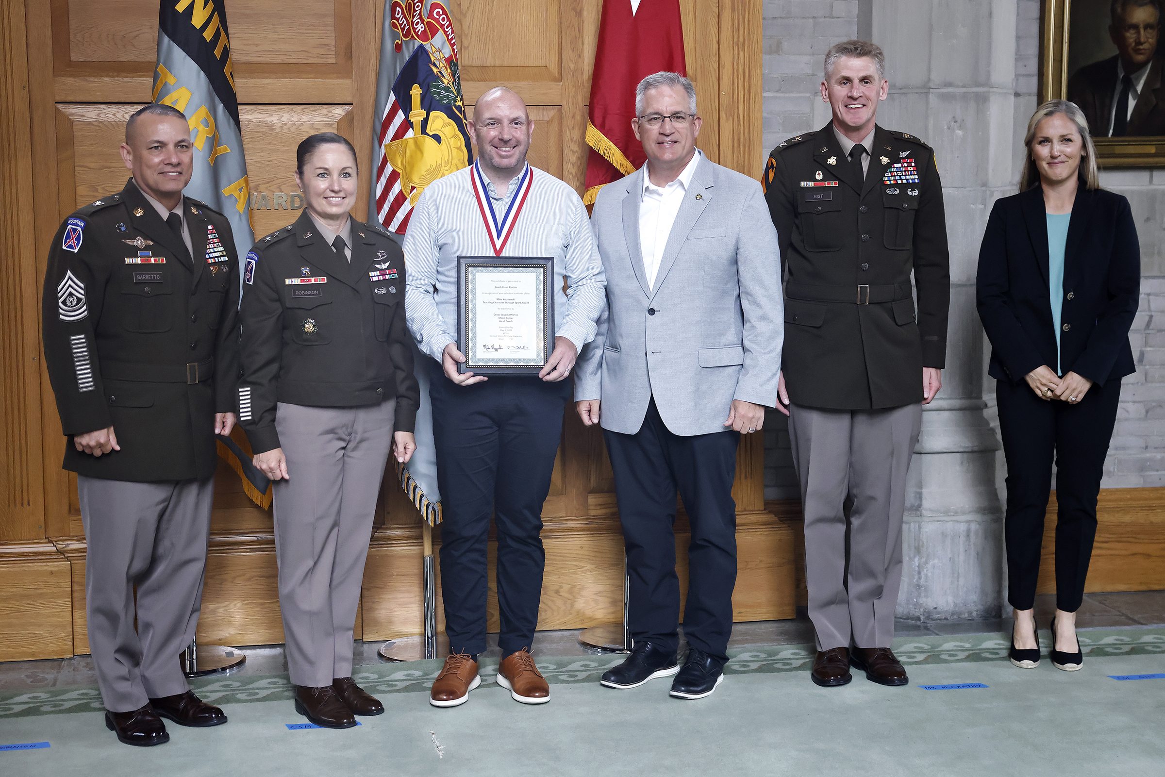 The Department of Physical Education (DPE) hosted the 18th annual Coach Mike Krzyzewski Teaching Character Through Sport Award May 9 at the Thayer Awards Room. The award recognizes West Point cadet-athletes, coaches, officers in charge (OIC) and sport educators for their outstanding commitment to the development of noble character through athletic participation and leadership.   (Photo by Eric S. Bartelt/USMA PAO)