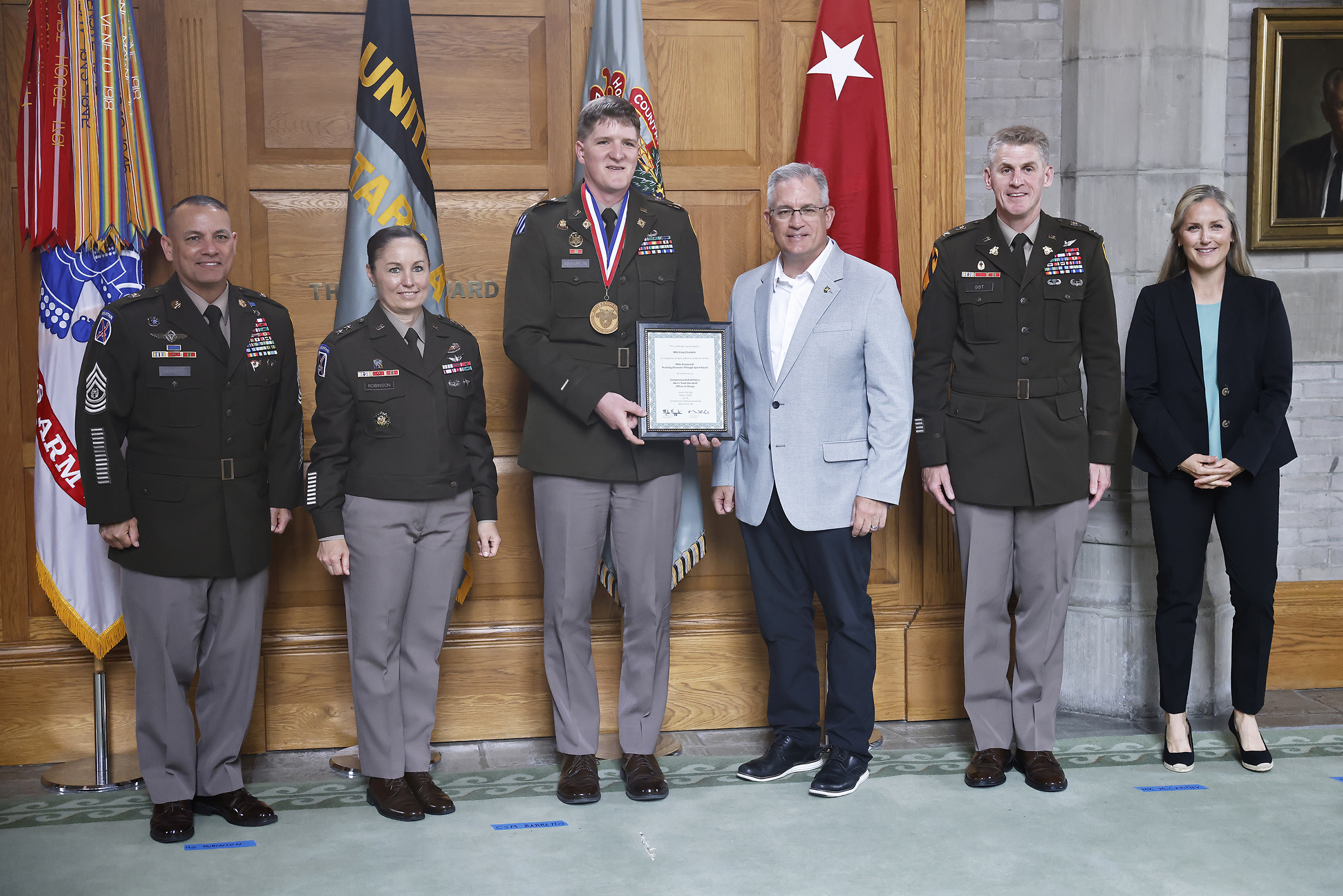 The Department of Physical Education (DPE) hosted the 18th annual Coach Mike Krzyzewski Teaching Character Through Sport Award May 9 at the Thayer Awards Room. The award recognizes West Point cadet-athletes, coaches, officers in charge (OIC) and sport educators for their outstanding commitment to the development of noble character through athletic participation and leadership.   (Photo by Eric S. Bartelt/USMA PAO)