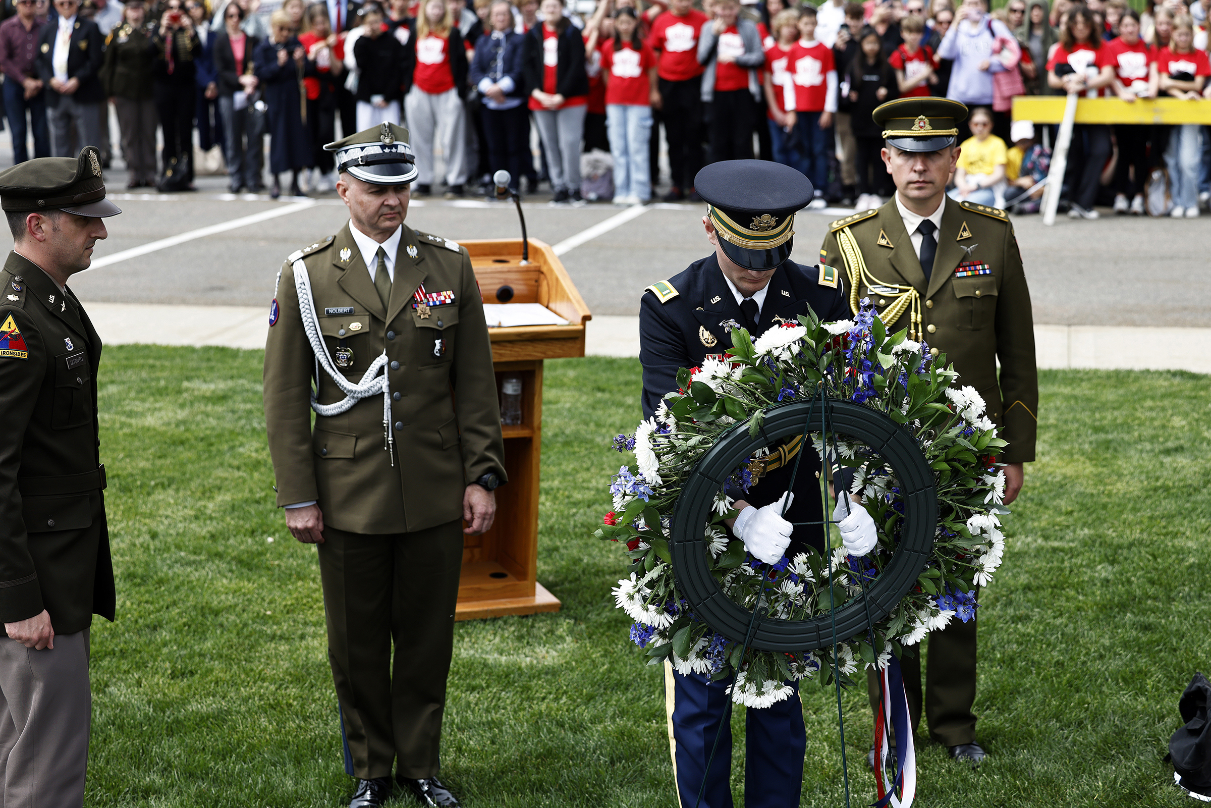 The U.S. Military Academy hosted the commemoration of the 278th birthday of Tadeusz Kosciuszko with a wreath-laying ceremony on May 4 at the location of Kosciuszko’s monument.   (Photo by Eric S. Bartelt/USMA PAO)