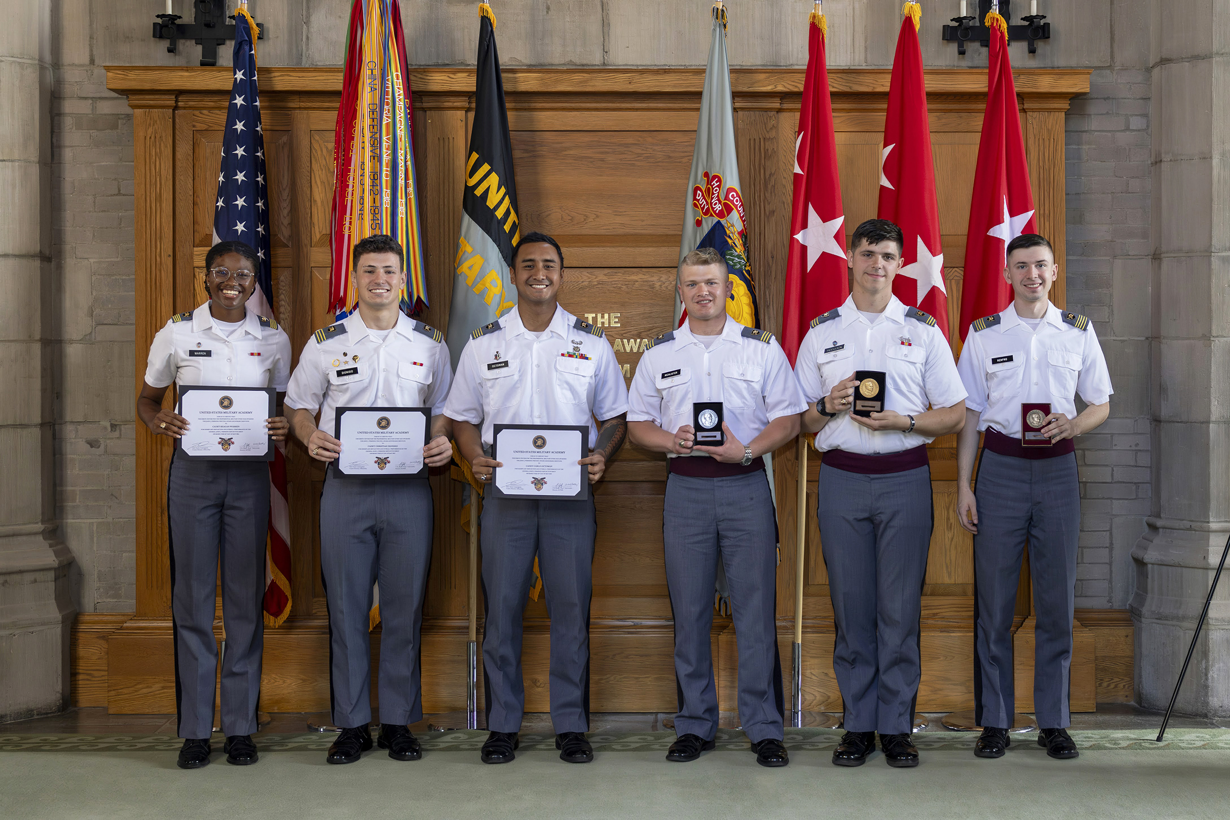 The Simon Center for the Professional Military Ethic hosted the John J. Pershing Reflective Essay Award ceremony on May 22 at the Thayer Award Room. Established in 2006, the award is meant to encourage cadets to reflect on their experiences at West Point and gain a better understanding for how the institution has helped them prepare for the profession of arms and to strengthen their resolve to serve the nation honorably as a commissioned officer. This year, the top three cadets who earn medallions were Clas