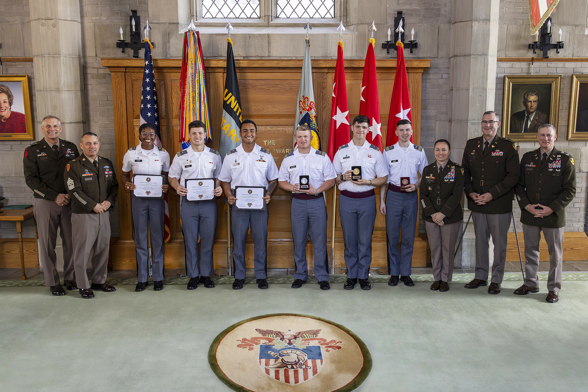The Simon Center for the Professional Military Ethic hosted the John J. Pershing Reflective Essay Award ceremony on May 22 at the Thayer Award Room. Established in 2006, the award is meant to encourage cadets to reflect on their experiences at West Point and gain a better understanding for how the institution has helped them prepare for the profession of arms and to strengthen their resolve to serve the nation honorably as a commissioned officer. This year, the top three cadets who earn medallions were Clas