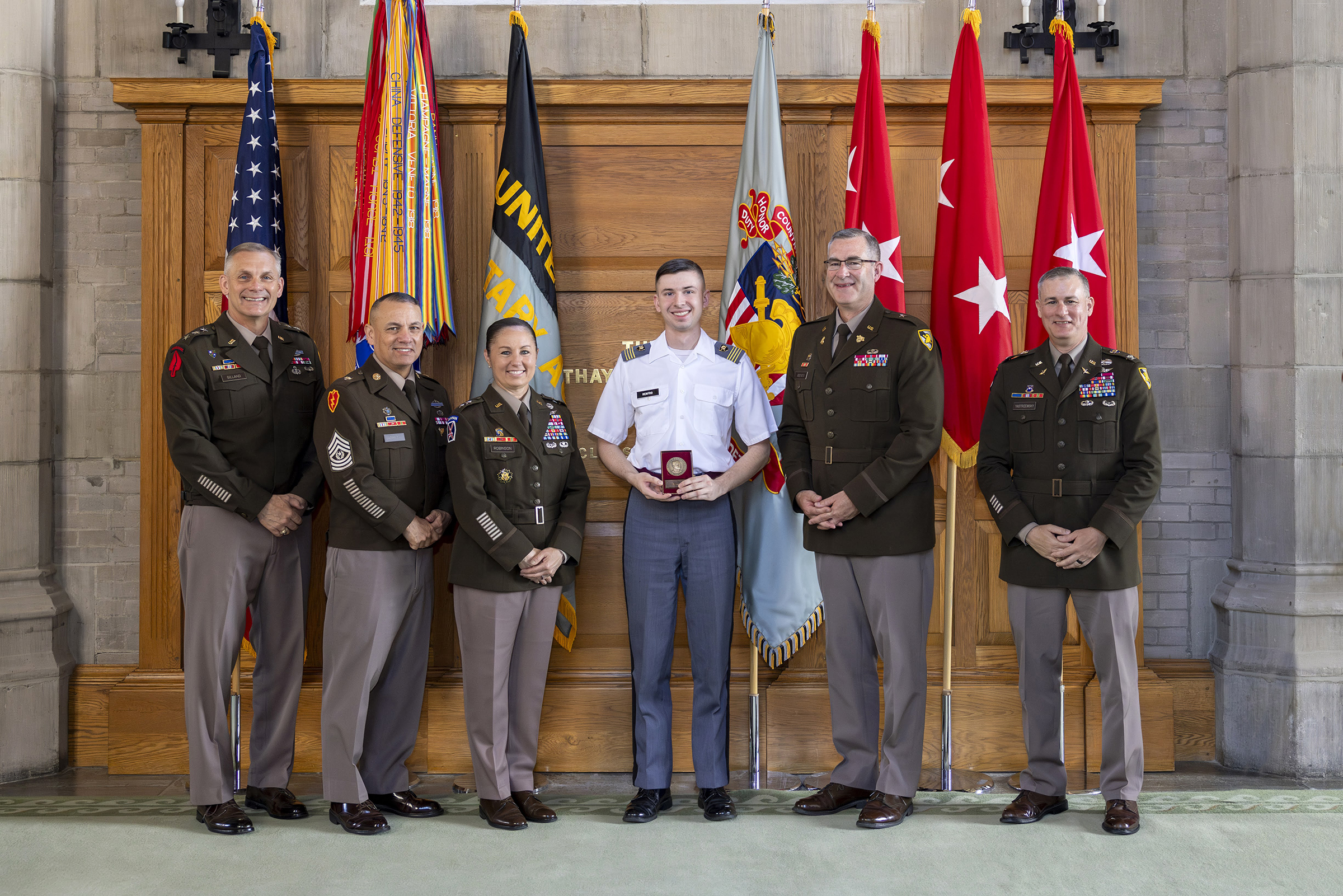 The Simon Center for the Professional Military Ethic hosted the John J. Pershing Reflective Essay Award ceremony on May 22 at the Thayer Award Room. Established in 2006, the award is meant to encourage cadets to reflect on their experiences at West Point and gain a better understanding for how the institution has helped them prepare for the profession of arms and to strengthen their resolve to serve the nation honorably as a commissioned officer. This year, the top three cadets who earn medallions were Clas