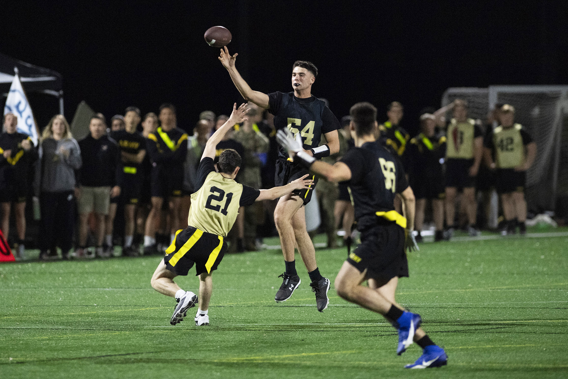 It was an evening of incredible finishes as cadets competed in five sports of the Company Athletics Fall Brigade Finals on Nov. 5 at the Arvin Cadet Physical Development Center and Daly Field. Cadets vied for company-level titles in functional fitness, flag football, soccer, basketball and grappling.  (Photo by John Pellino/USMA PAO)