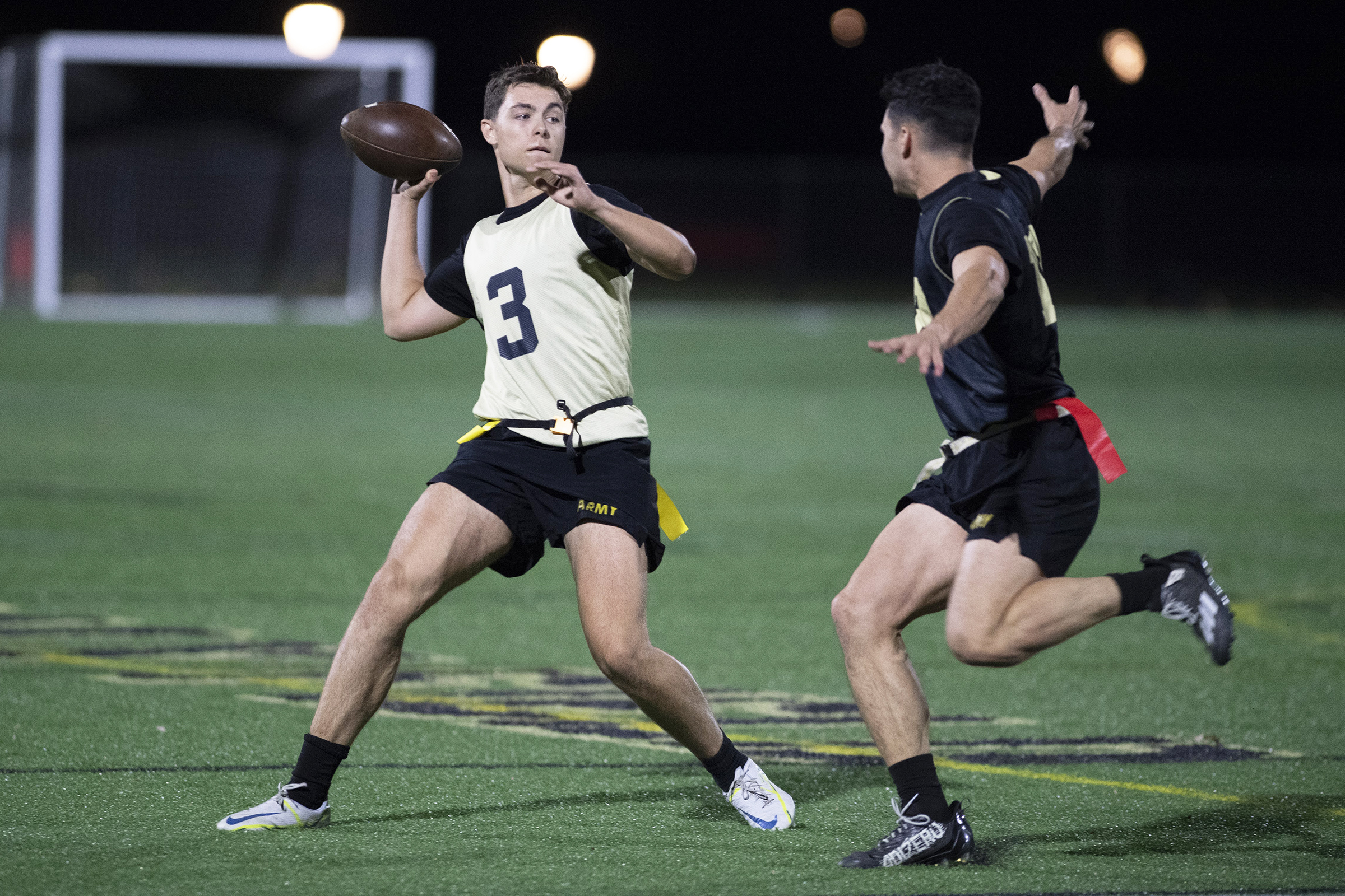 It was an evening of incredible finishes as cadets competed in five sports of the Company Athletics Fall Brigade Finals on Nov. 5 at the Arvin Cadet Physical Development Center and Daly Field. Cadets vied for company-level titles in functional fitness, flag football, soccer, basketball and grappling.  (Photo by John Pellino/USMA PAO)