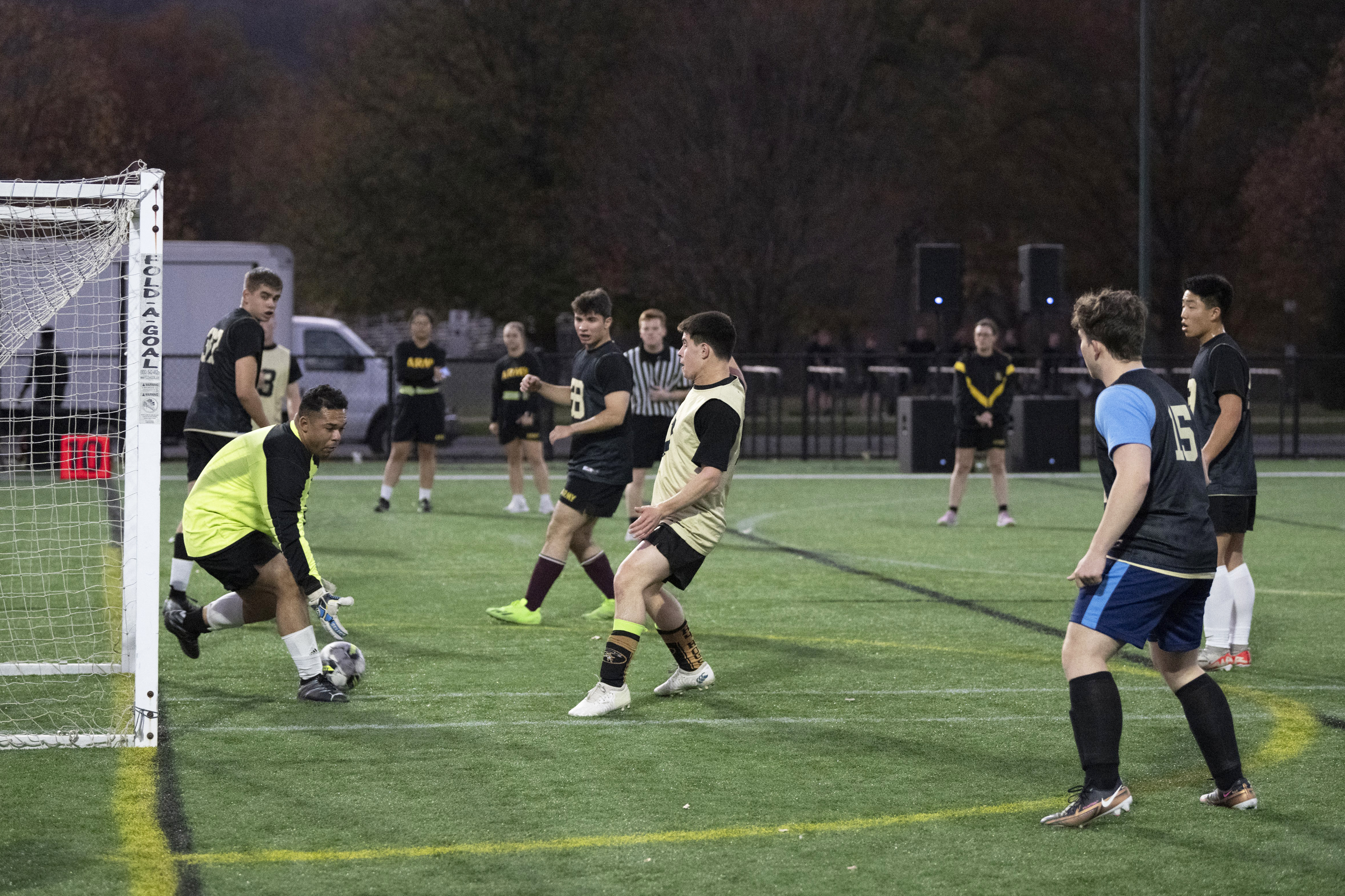 It was an evening of incredible finishes as cadets competed in five sports of the Company Athletics Fall Brigade Finals on Nov. 5 at the Arvin Cadet Physical Development Center and Daly Field. Cadets vied for company-level titles in functional fitness, flag football, soccer, basketball and grappling.  (Photo by John Pellino/USMA PAO)