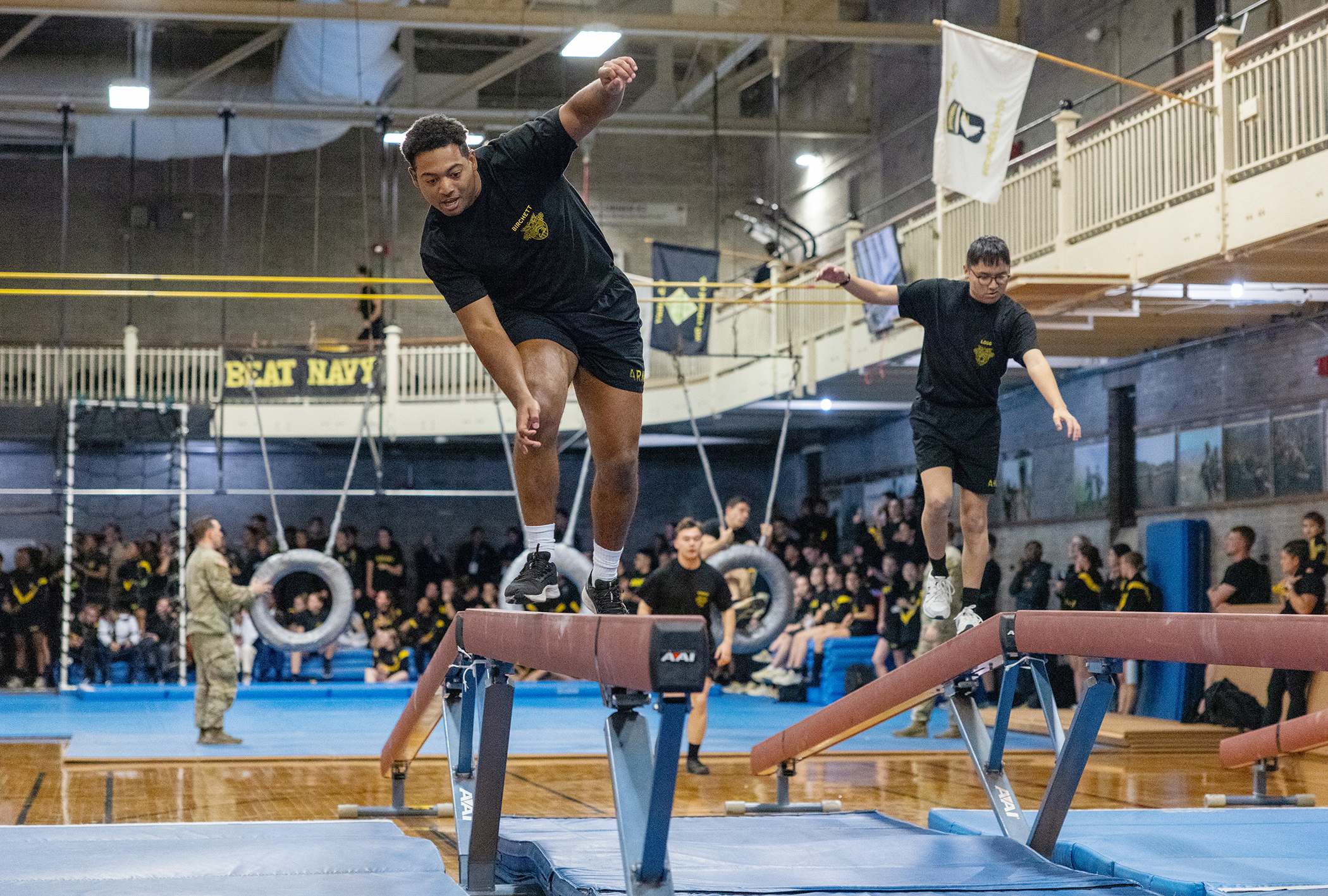 First and Second Class Cadets and some members of the Army West Point Sports teams took on the challenge of the Indoor Obstacle Course Test for a grade on Nov. 20 at Hayes Gym. (Photo by Eric S. Bartelt/USMA PAO-VI)