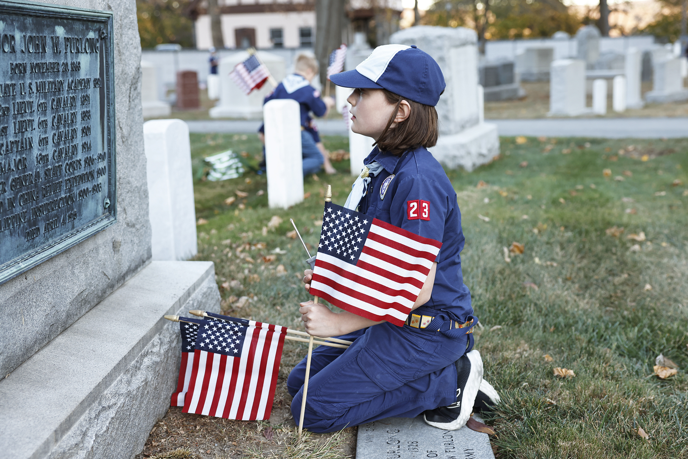 More than one hundred members of the West Point community came out in full force to honor veterans during an American Flag planting event on Nov. 7 at the West Point Cemetery.  (Photo by Eric S. Bartelt/USMA PAO-VI)