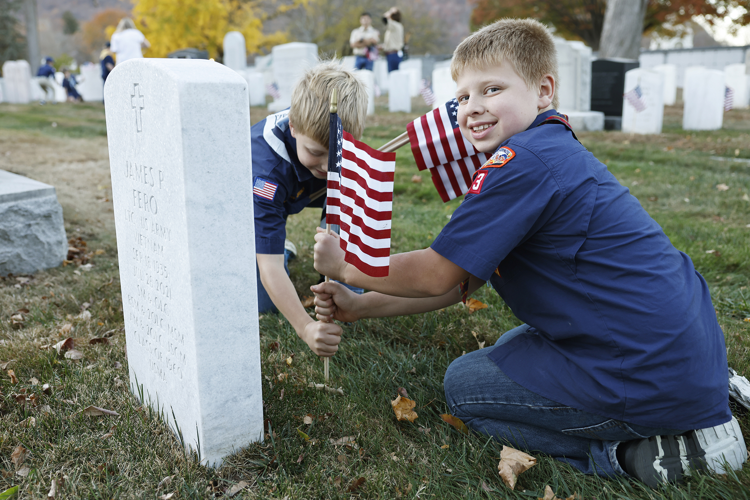 More than one hundred members of the West Point community came out in full force to honor veterans during an American Flag planting event on Nov. 7 at the West Point Cemetery.  (Photo by Eric S. Bartelt/USMA PAO-VI)