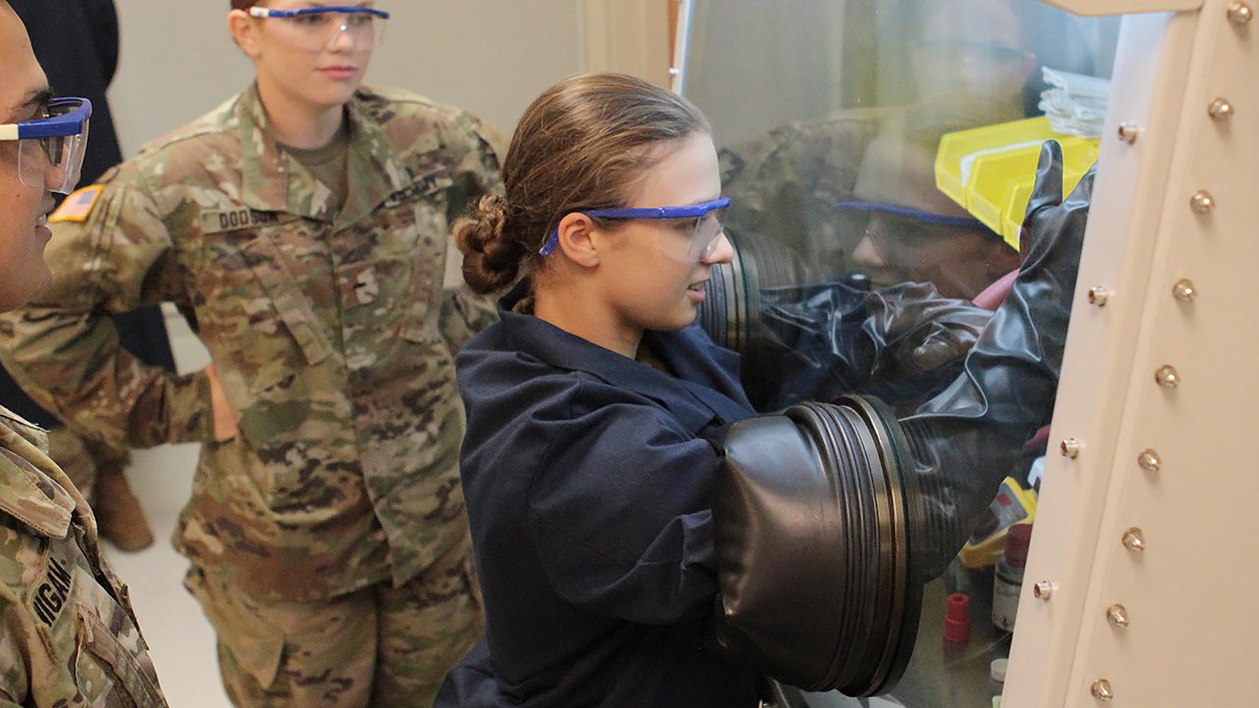 Cadets conduct propellant additive manufacturing research within a glovebox, advancing pioneering research in support of Army’s energetic material manufacturing capabilities.